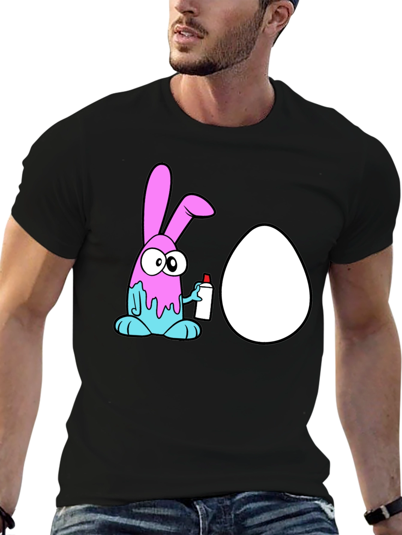 Cartoon Bunny Painting Egg Black T-Shirt