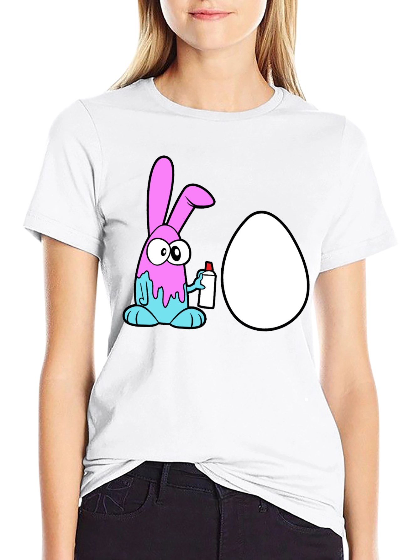 Cartoon Bunny Painting Egg Black T-Shirt