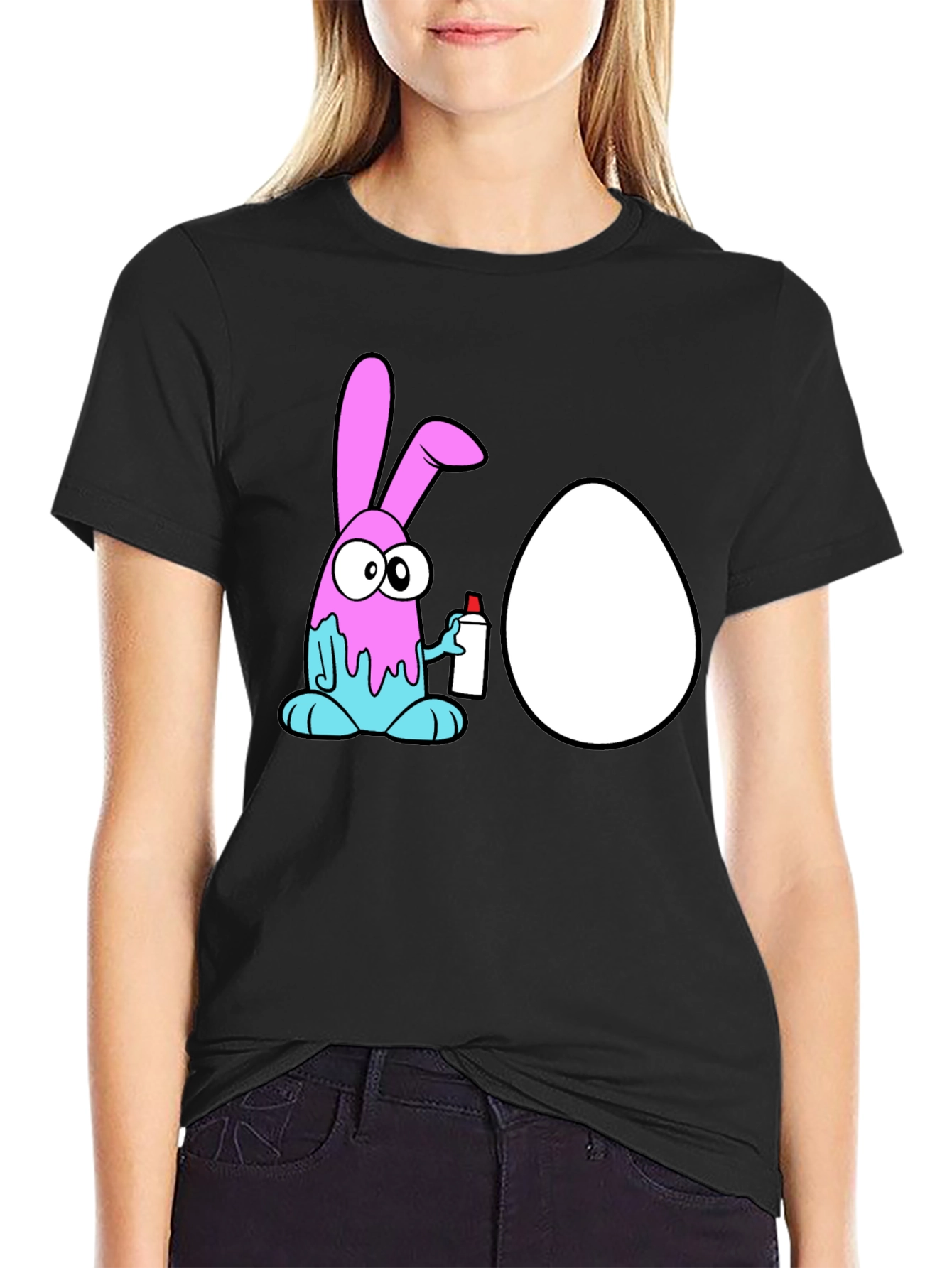 Cartoon Bunny Painting Egg Black T-Shirt