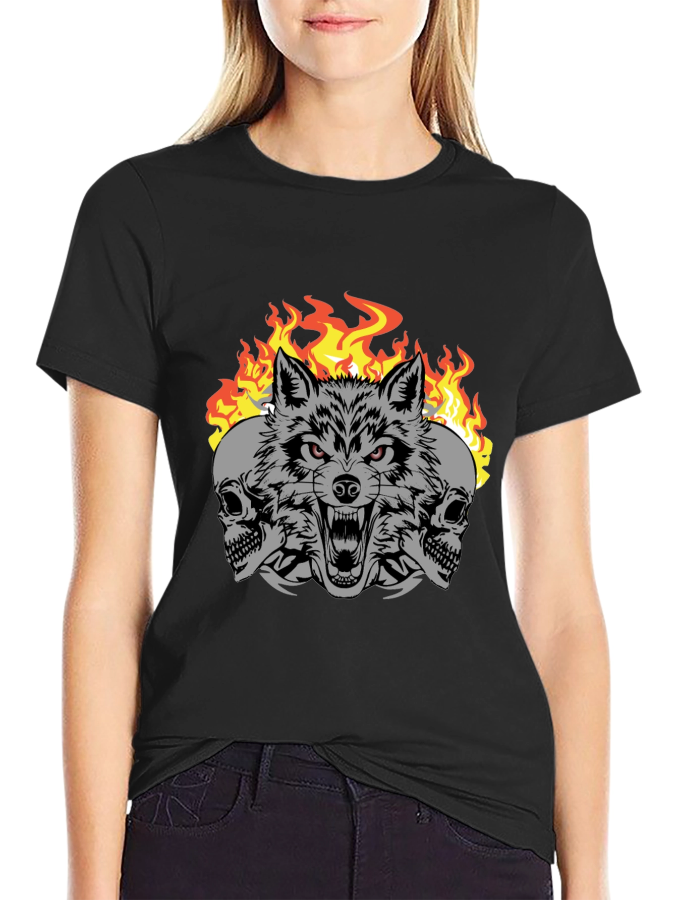 Wolf Skull Fire Graphic Print T-Shirt