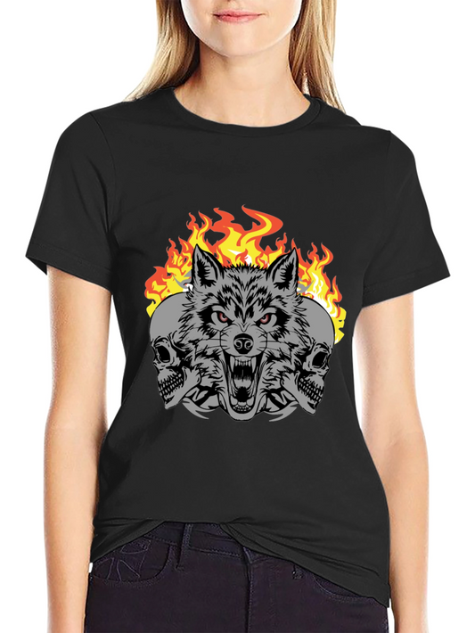 Wolf Skull Fire Graphic Print T-Shirt