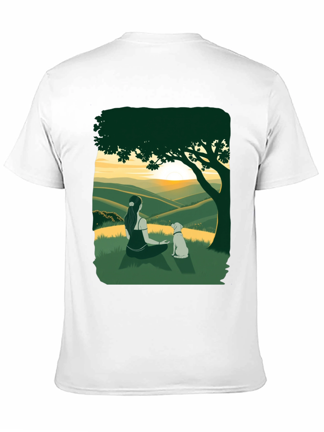 Sunset Vista Tee: Woman and Dog Under Tree