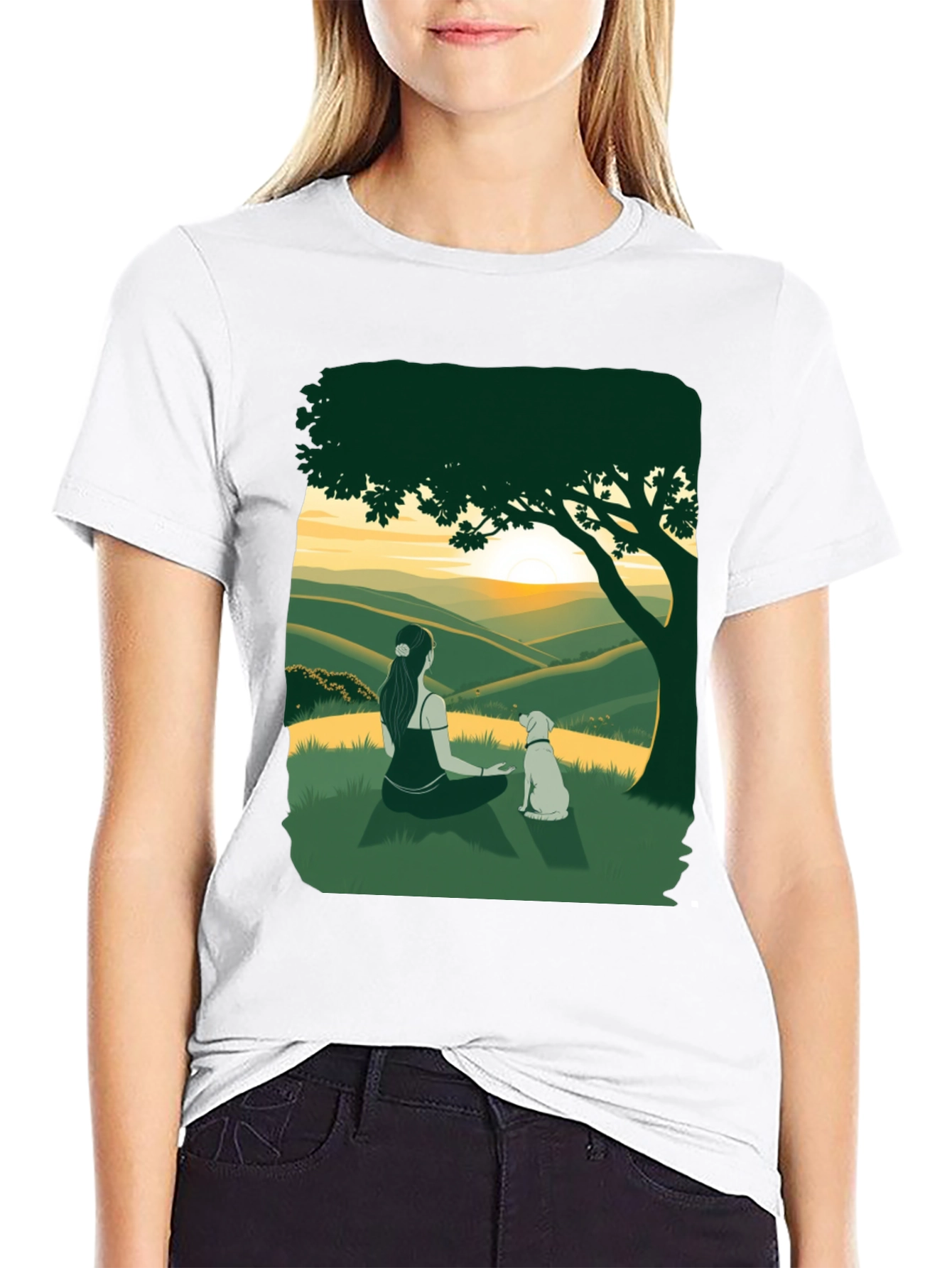 Sunset Vista Tee: Woman and Dog Under Tree