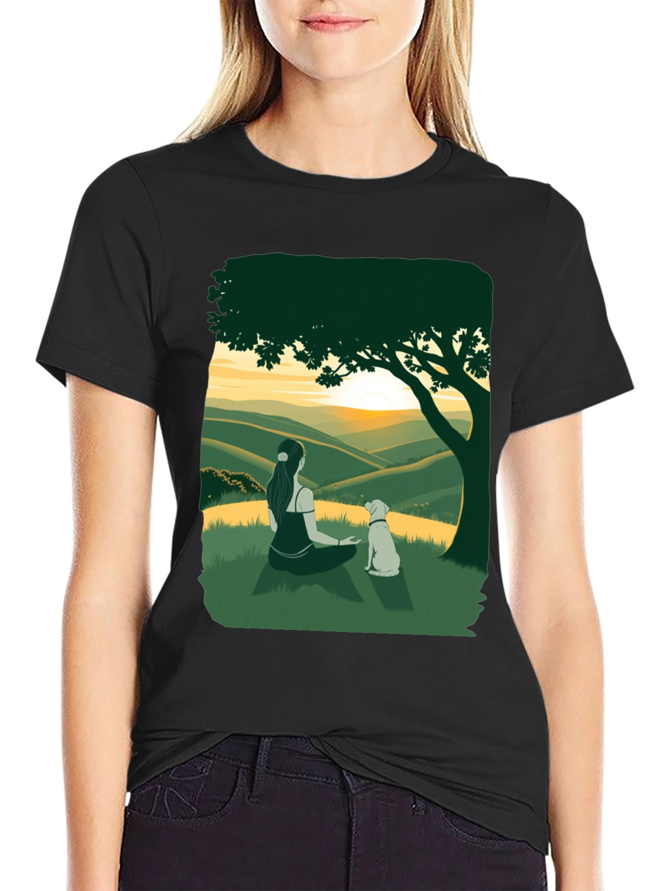 Sunset Vista Tee: Woman and Dog Under Tree