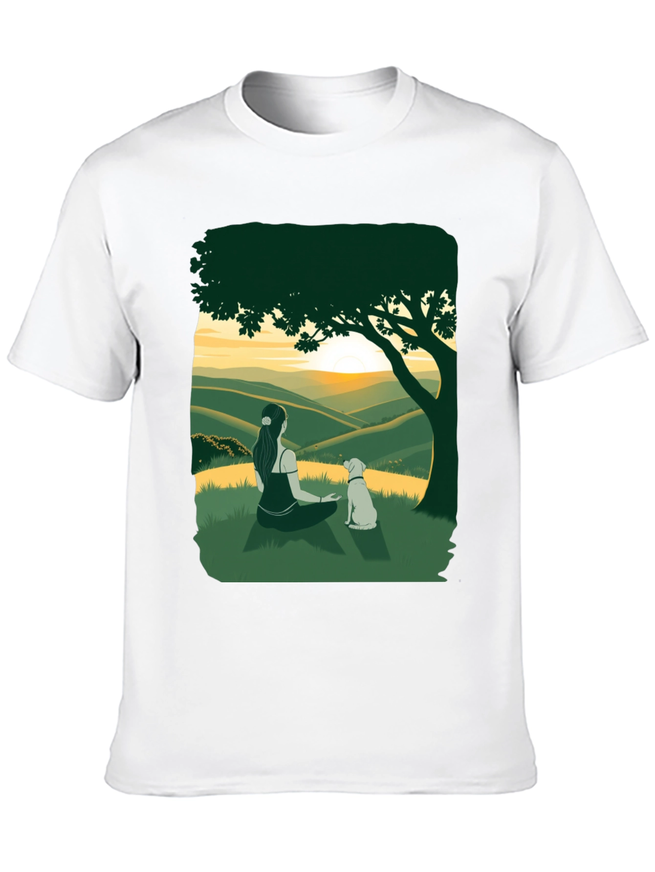 Sunset Vista Tee: Woman and Dog Under Tree