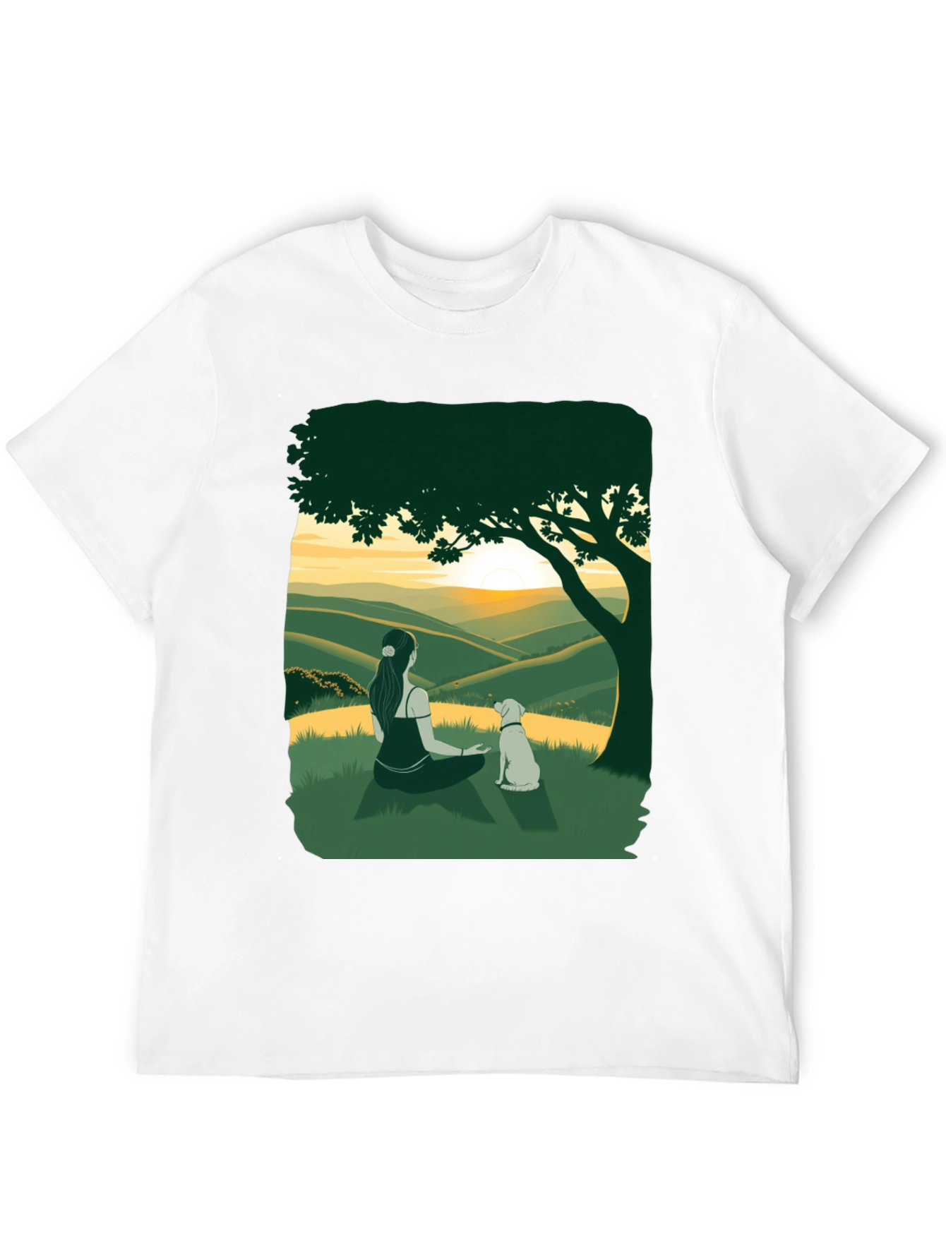 Sunset Vista Tee: Woman and Dog Under Tree
