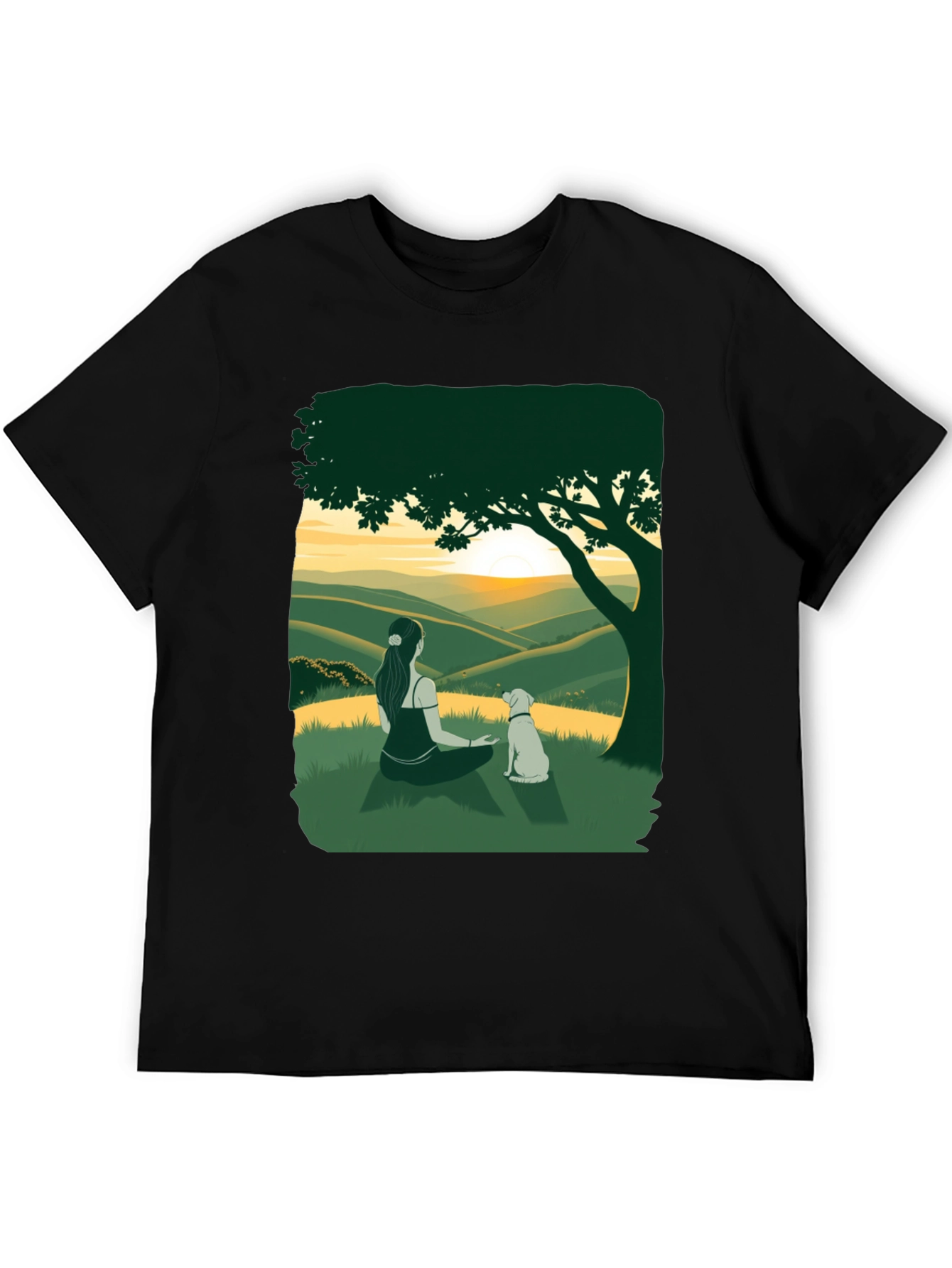 Sunset Vista Tee: Woman and Dog Under Tree