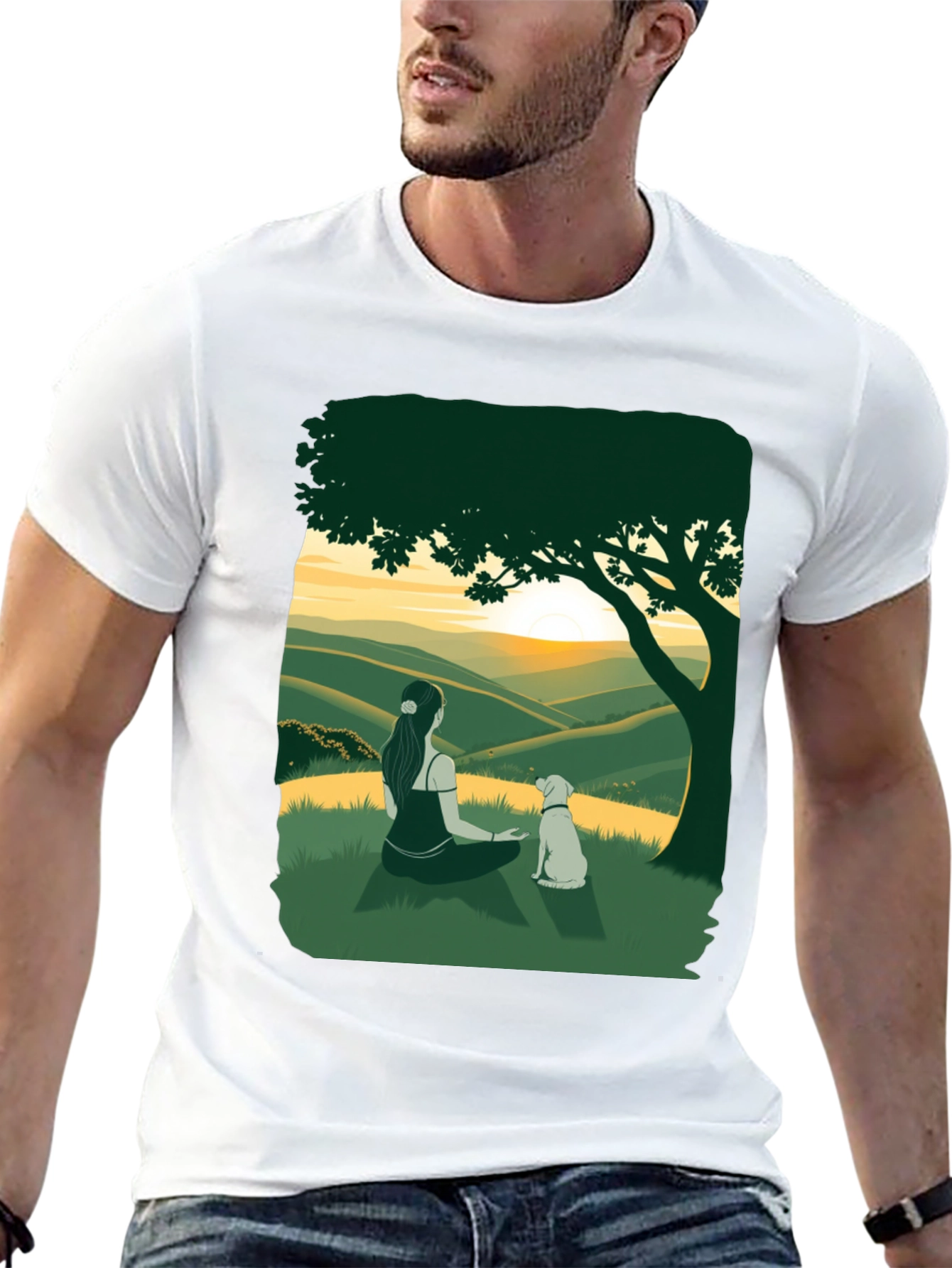 Sunset Vista Tee: Woman and Dog Under Tree