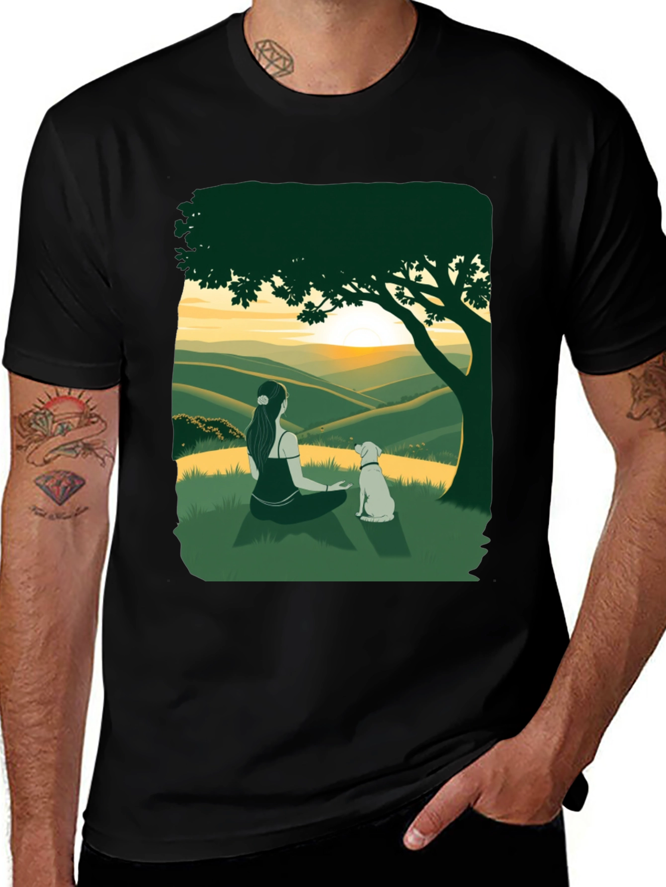 Sunset Vista Tee: Woman and Dog Under Tree