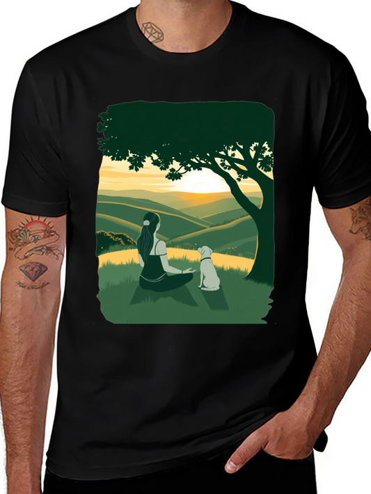 Sunset Vista Tee: Woman and Dog Under Tree