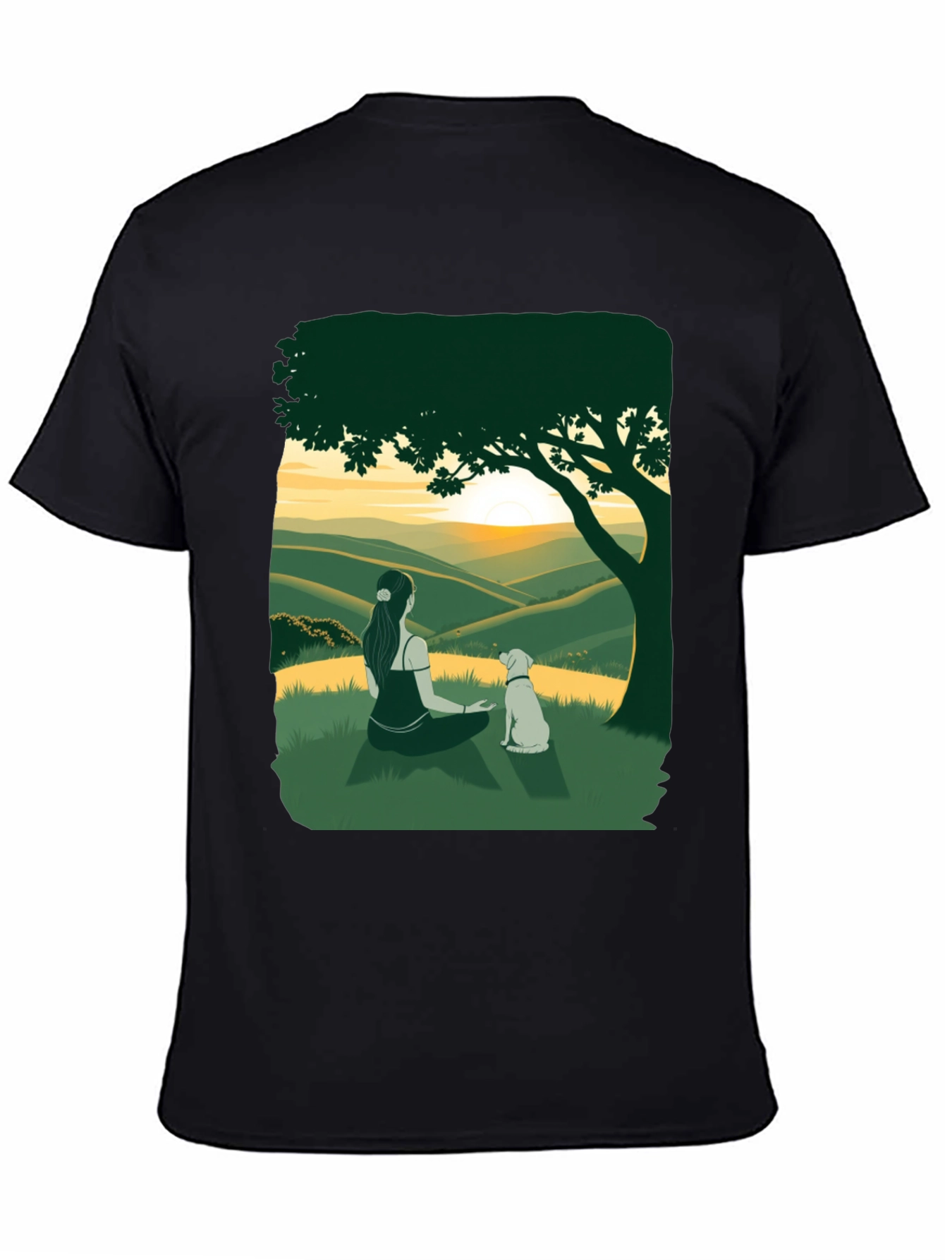 Sunset Vista Tee: Woman and Dog Under Tree