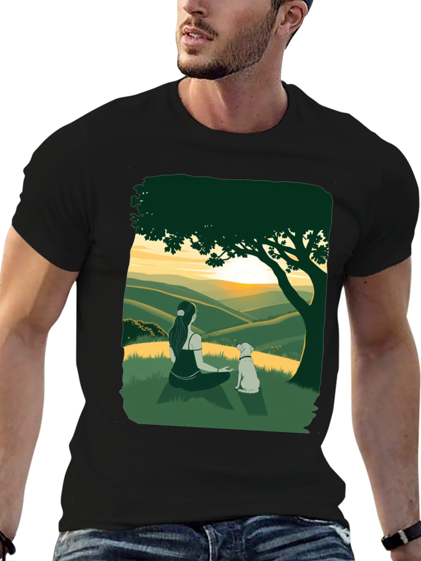 Sunset Vista Tee: Woman and Dog Under Tree