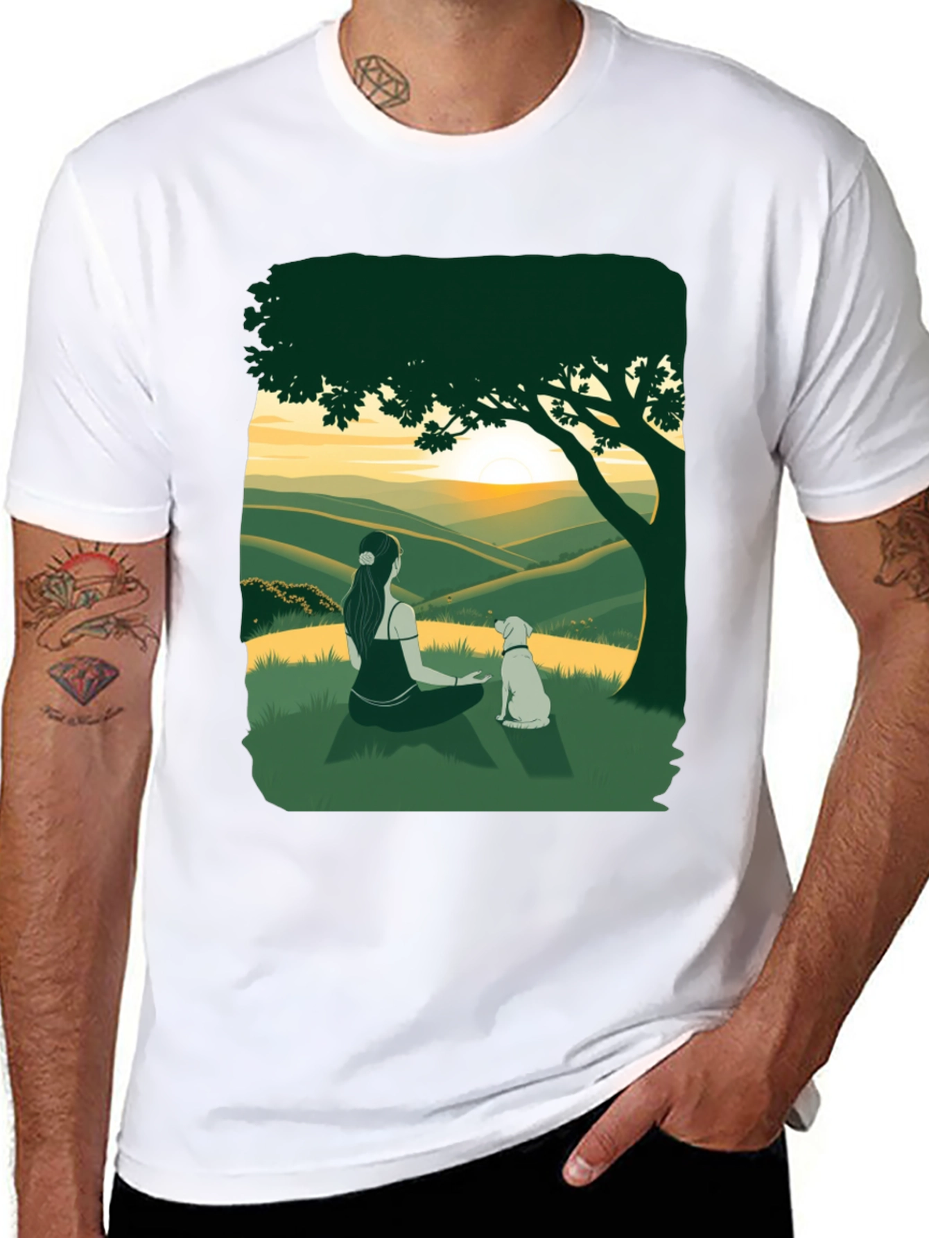 Sunset Vista Tee: Woman and Dog Under Tree