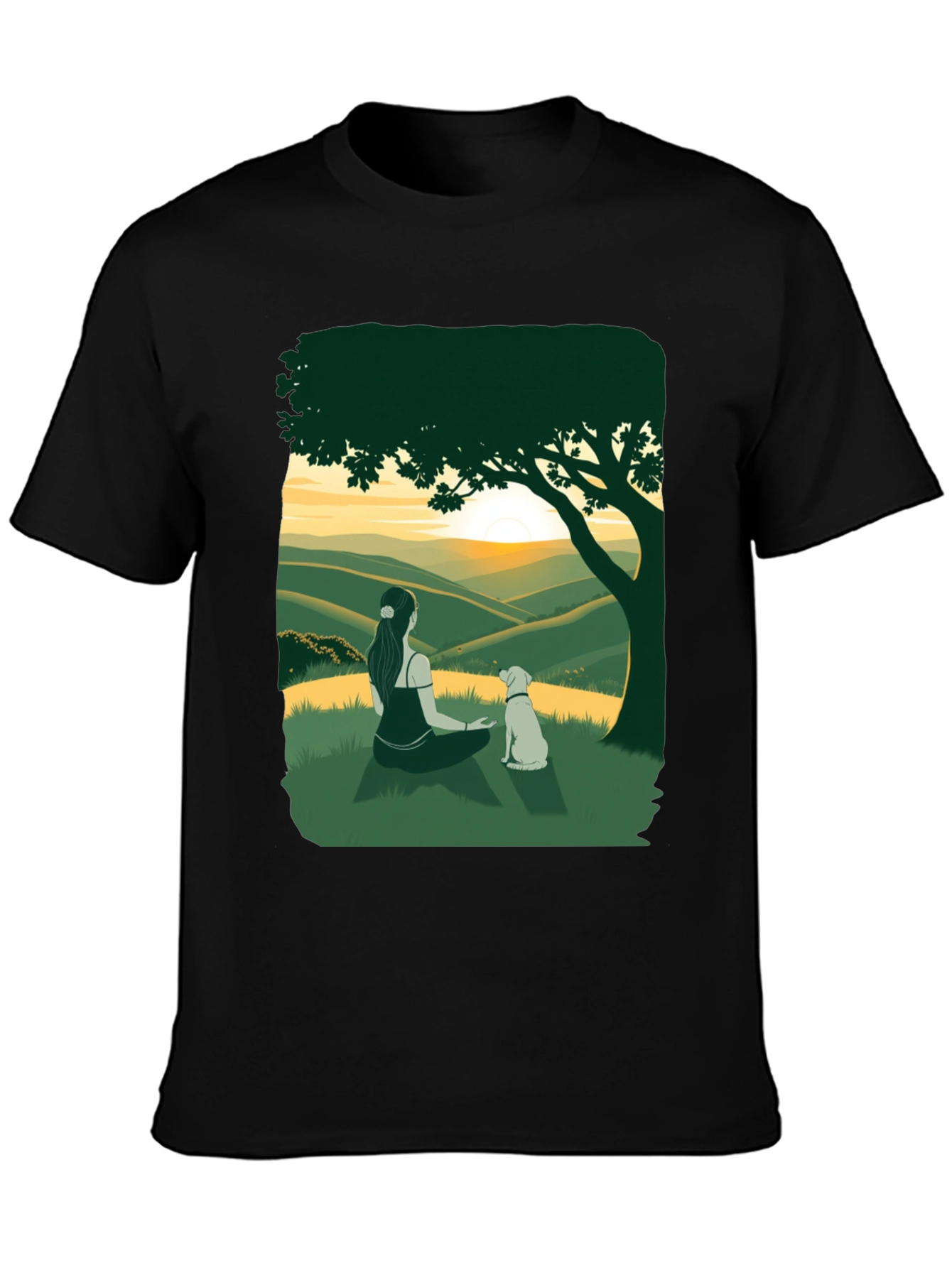 Sunset Vista Tee: Woman and Dog Under Tree