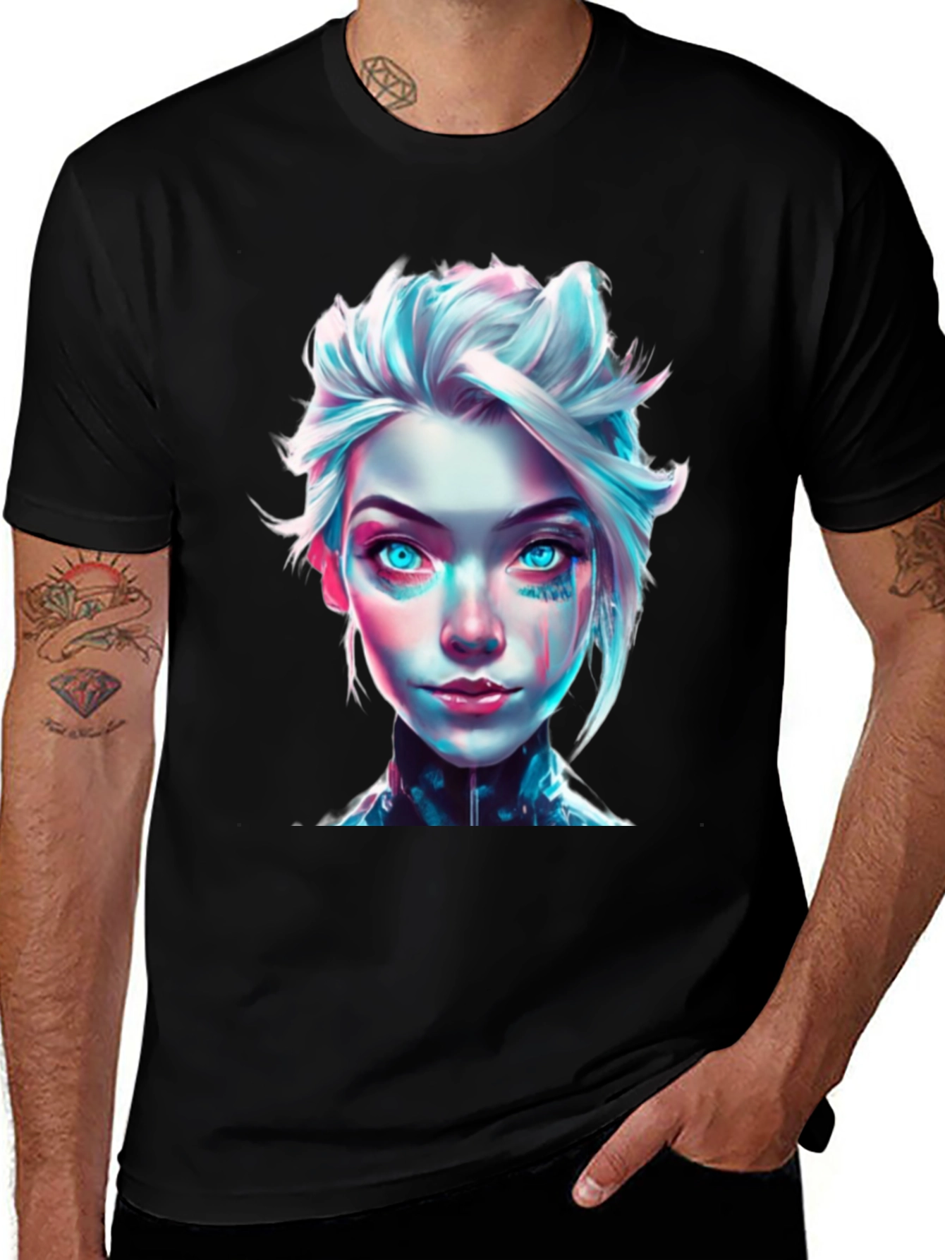 Cyberpunk Girl Graphic Tee - Black Cotton T-Shirt