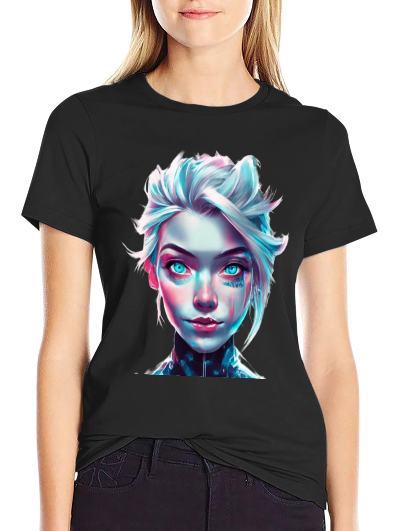 Cyberpunk Girl Graphic Tee - Black Cotton T-Shirt