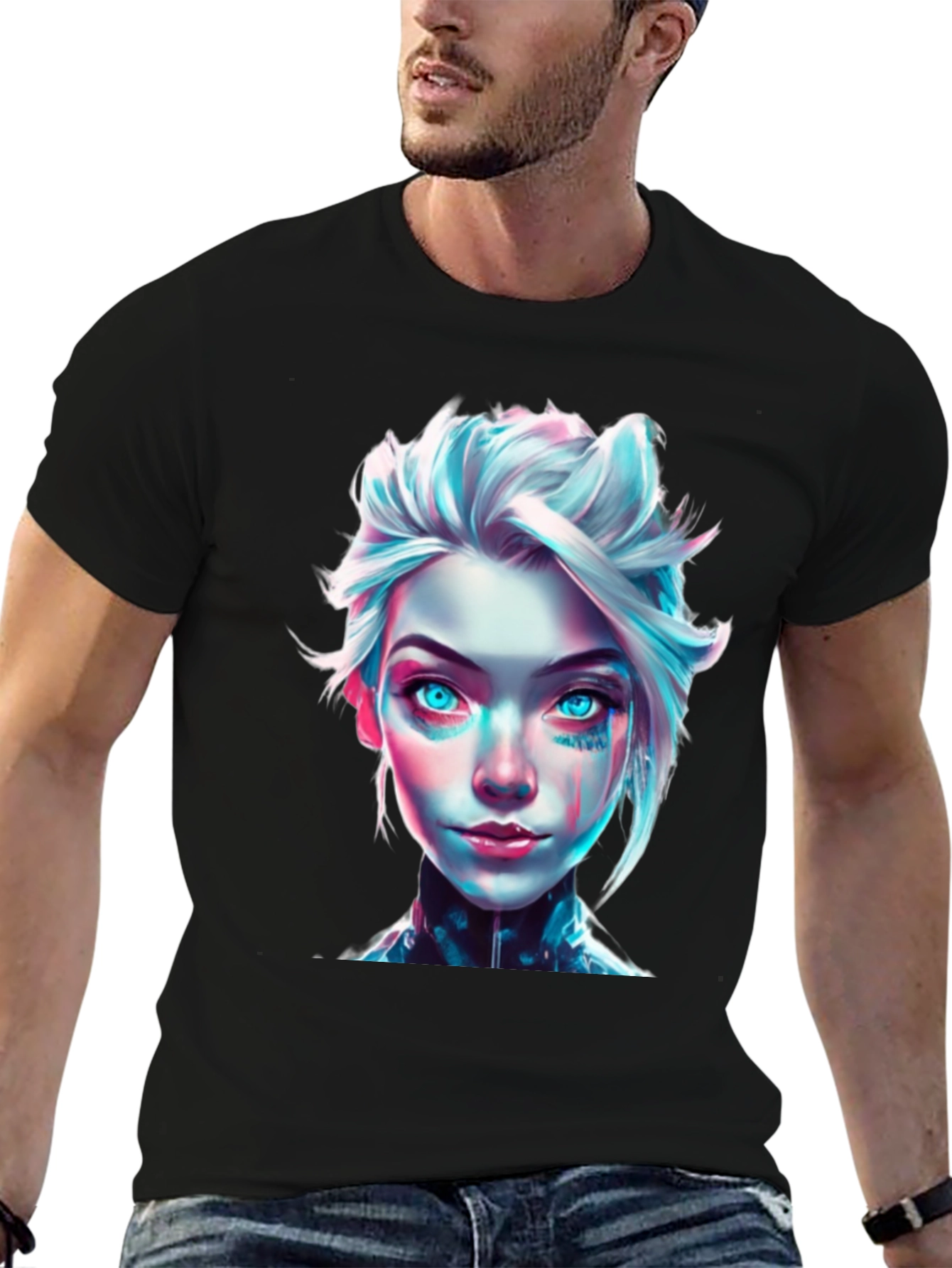 Cyberpunk Girl Graphic Tee - Black Cotton T-Shirt
