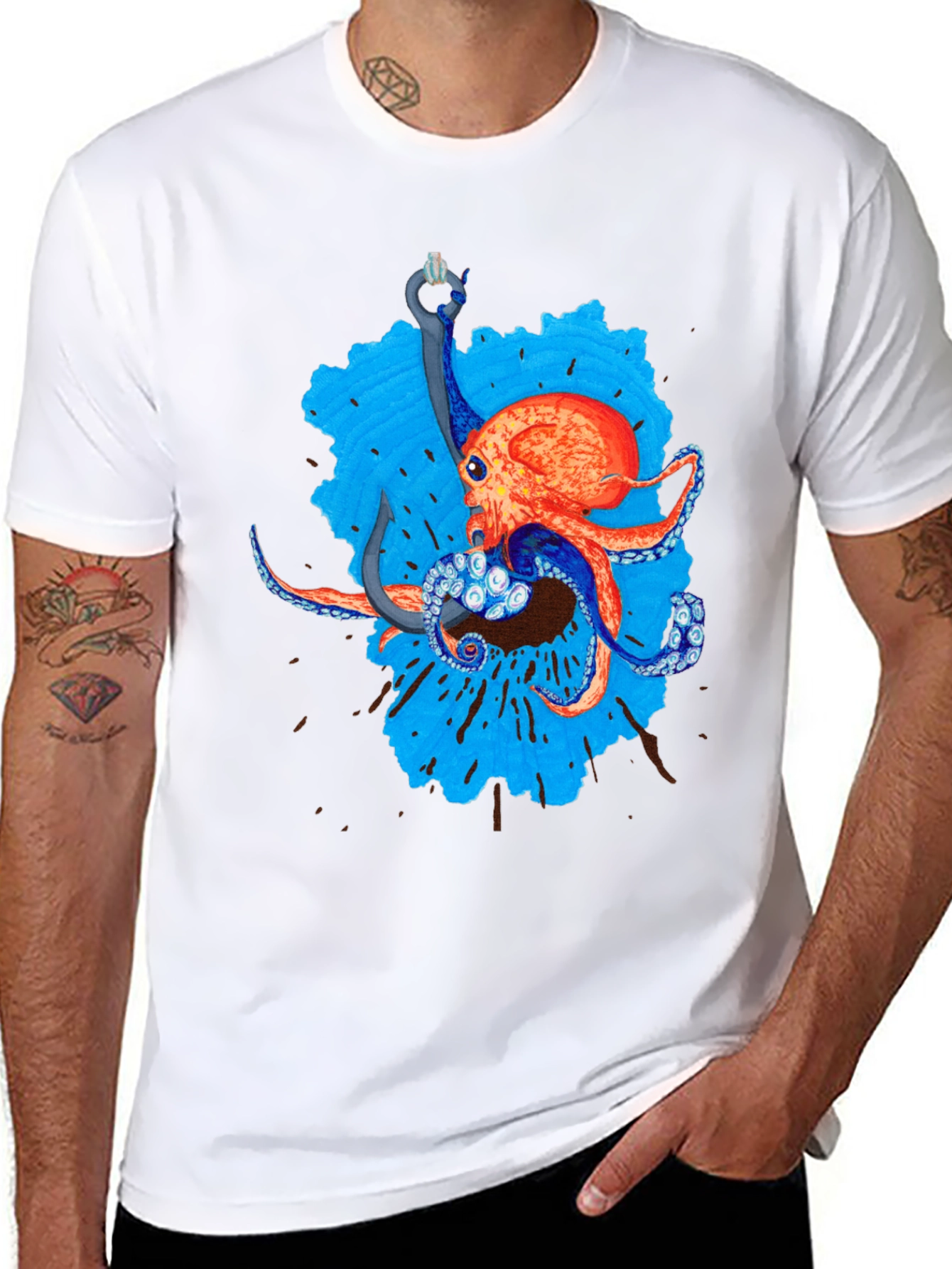Octopus Hook Graphic Tee - Black Cotton Casual Wear