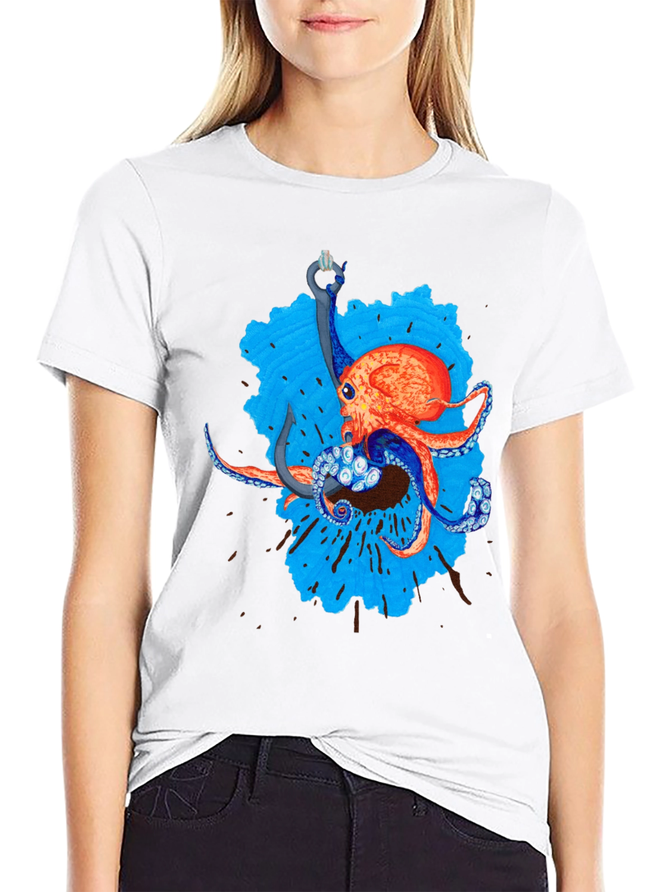 Octopus Hook Graphic Tee - Black Cotton Casual Wear
