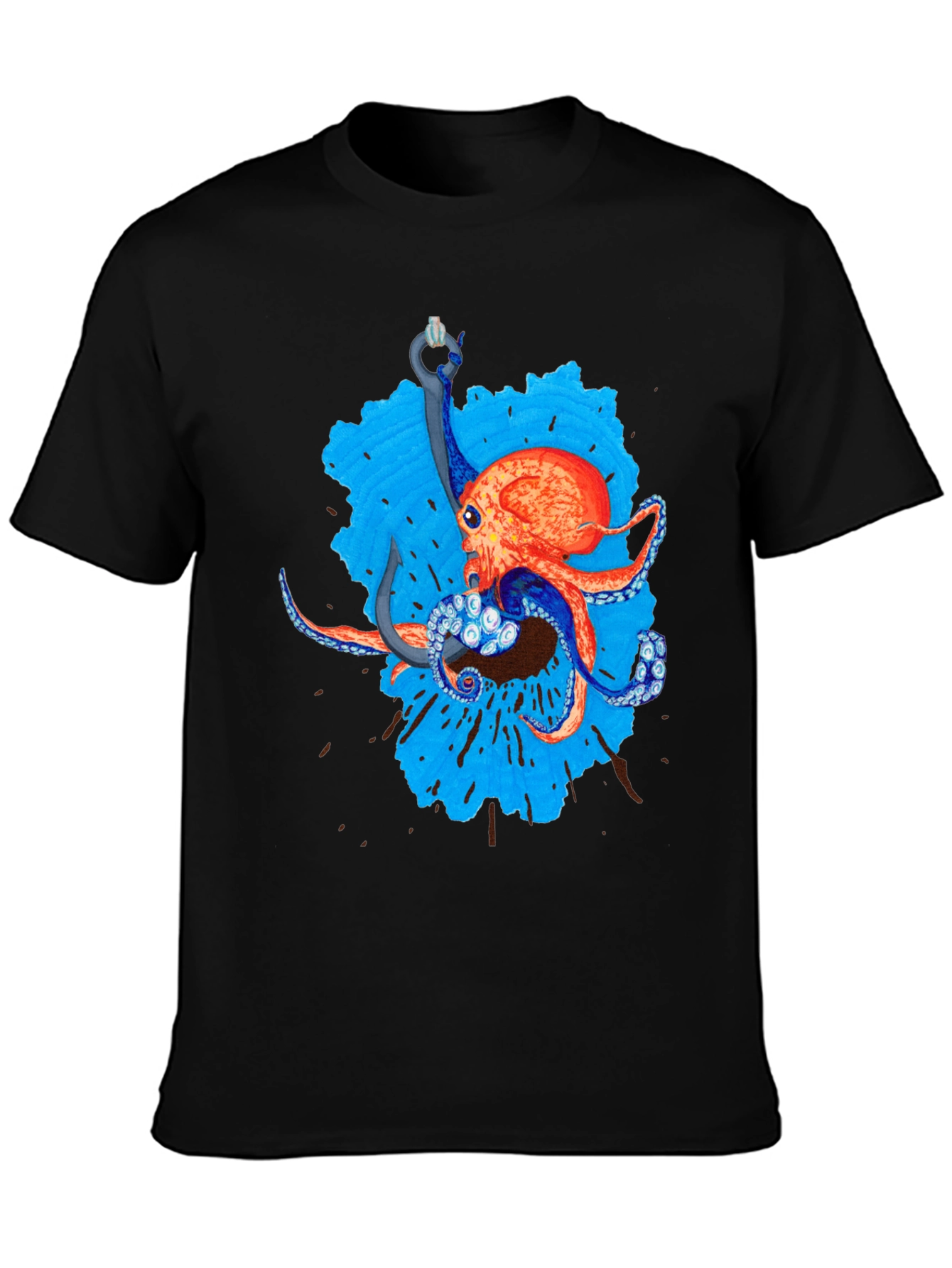 Octopus Hook Graphic Tee - Black Cotton Casual Wear