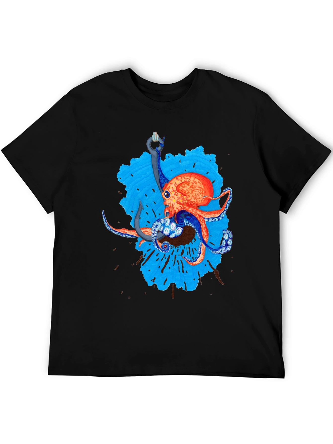 Octopus Hook Graphic Tee - Black Cotton Casual Wear