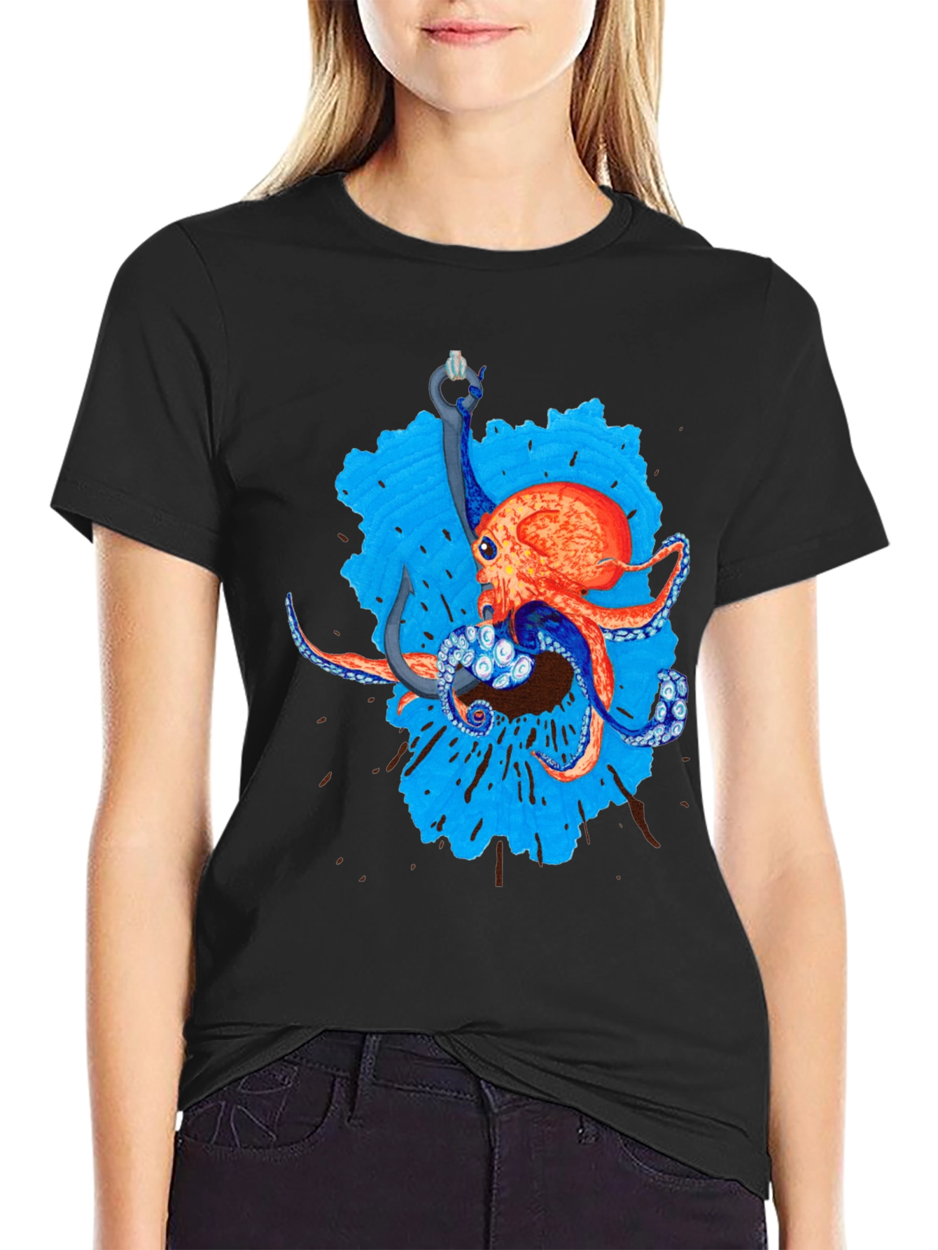 Octopus Hook Graphic Tee - Black Cotton Casual Wear