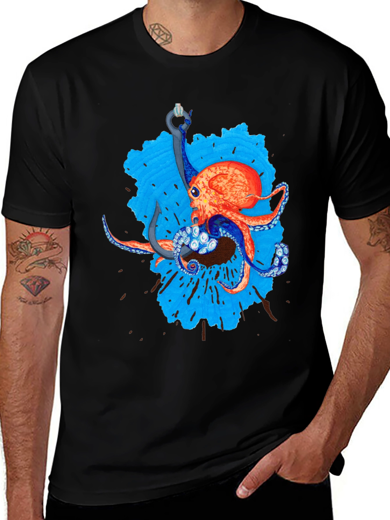 Octopus Hook Graphic Tee - Black Cotton Casual Wear