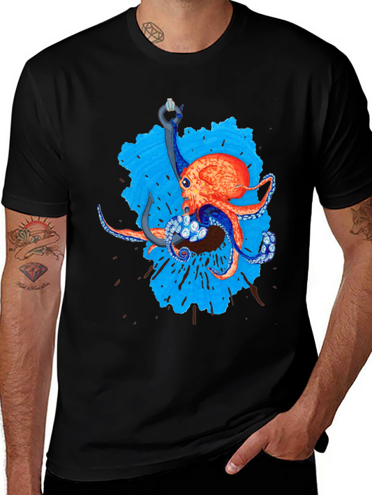 Octopus Hook Graphic Tee - Black Cotton Casual Wear