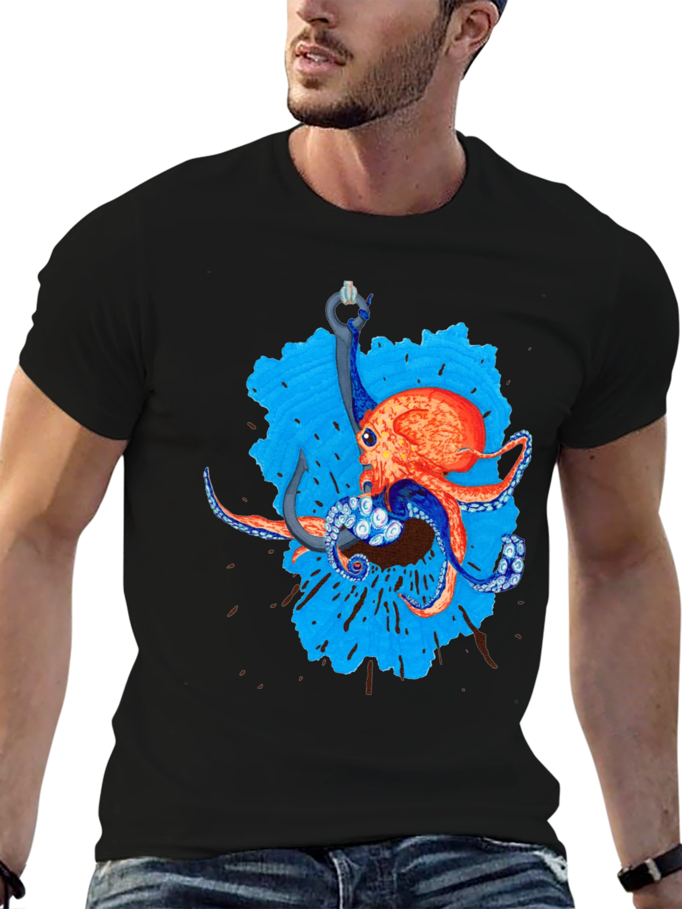 Octopus Hook Graphic Tee - Black Cotton Casual Wear