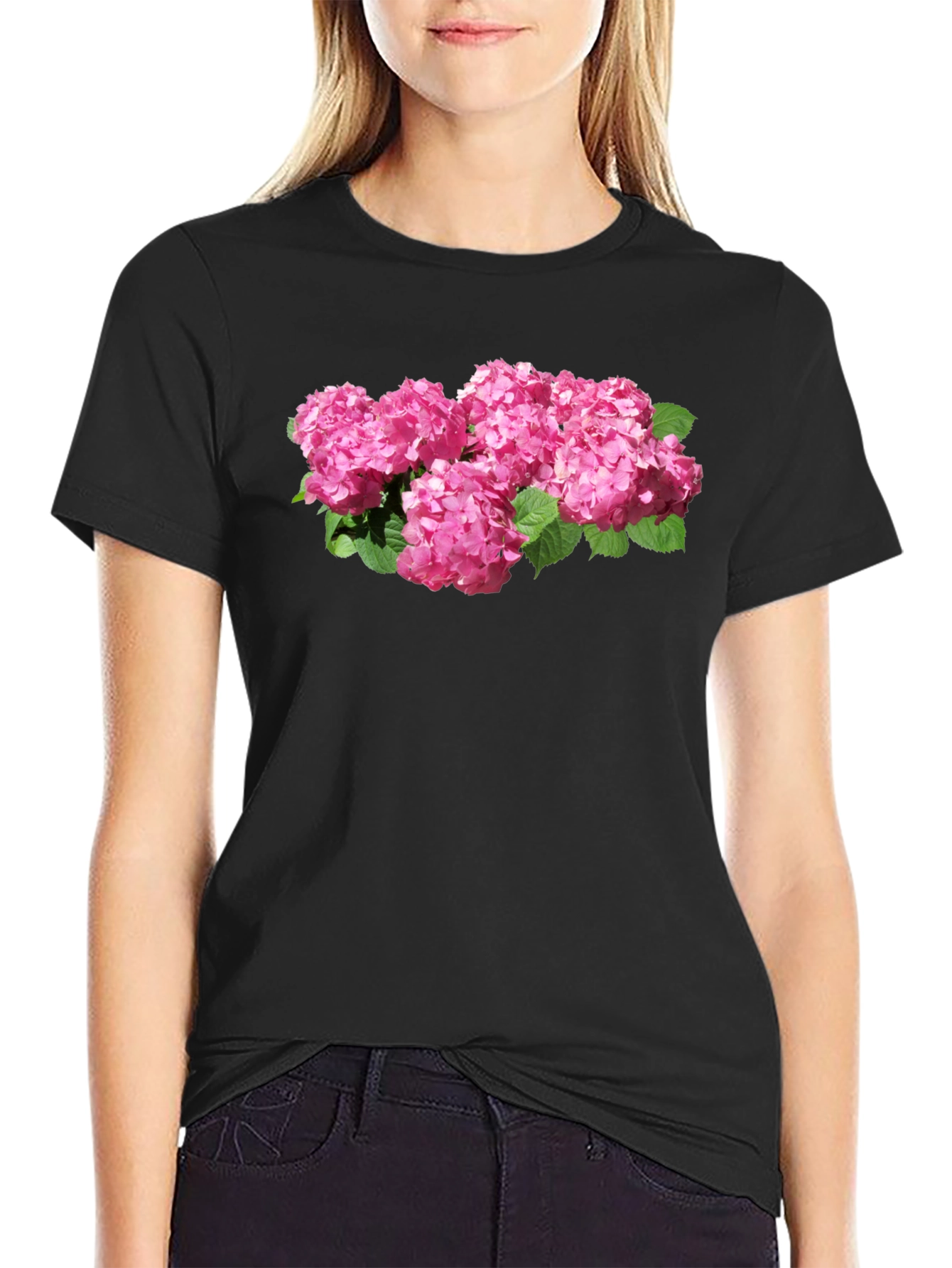 Floral Hydrangea Graphic Black T-Shirt