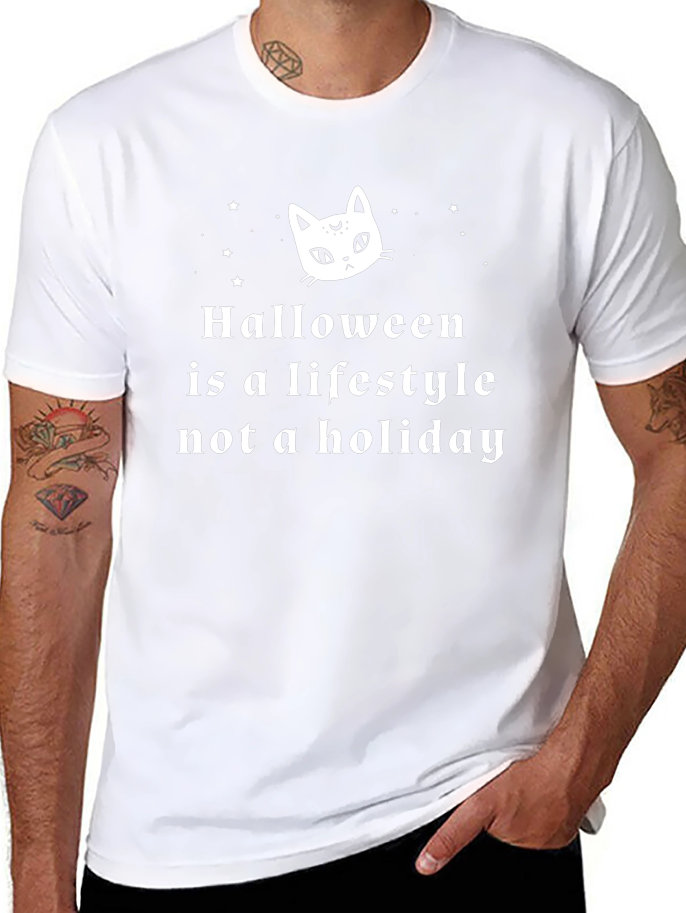 Halloween Lifestyle T-Shirt - Cat & Stars Graphic Tee