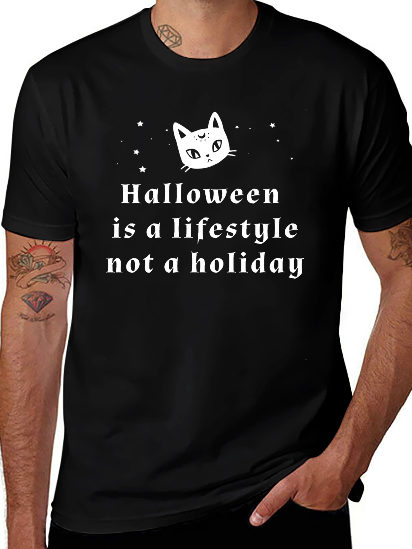 Halloween Lifestyle T-Shirt - Cat & Stars Graphic Tee