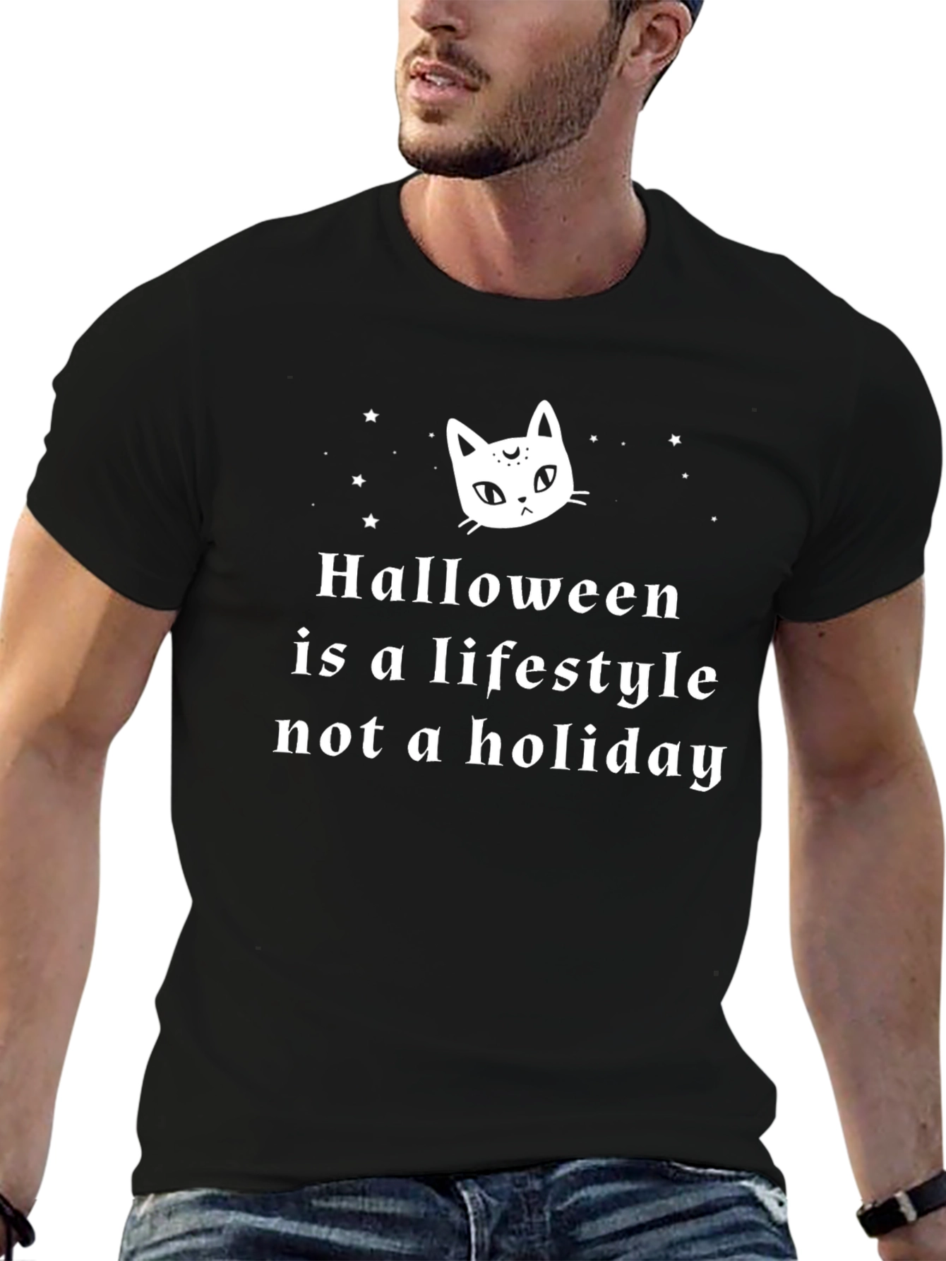 Halloween Lifestyle T-Shirt - Cat & Stars Graphic Tee