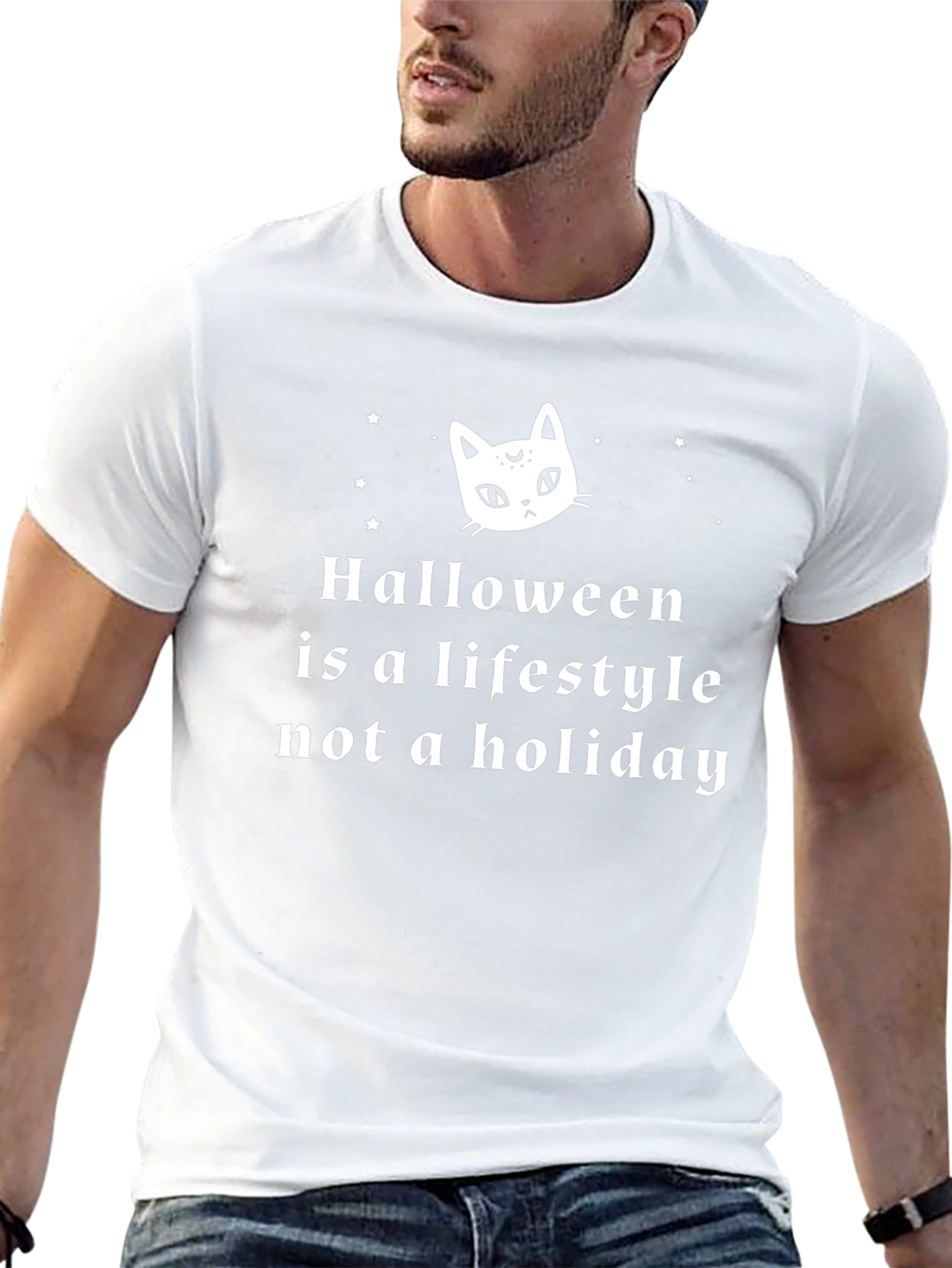 Halloween Lifestyle T-Shirt - Cat & Stars Graphic Tee