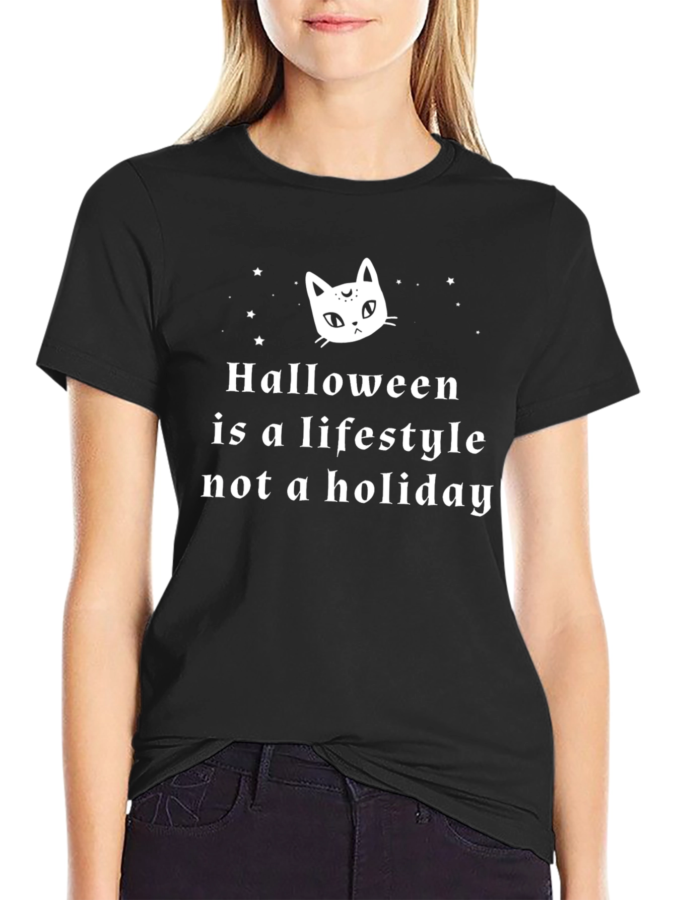 Halloween Lifestyle T-Shirt - Cat & Stars Graphic Tee