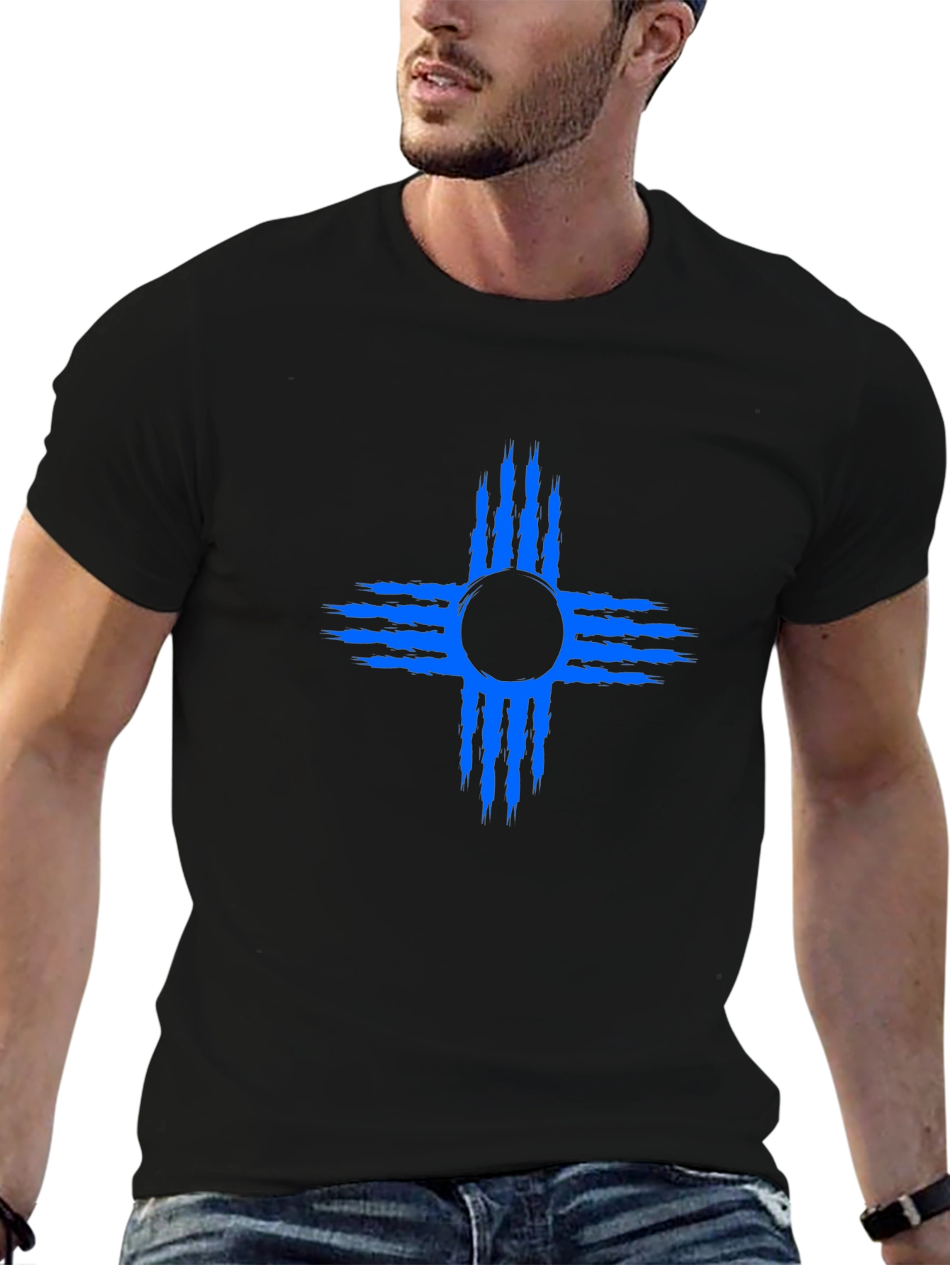 Black T-Shirt with Blue Zia Symbol