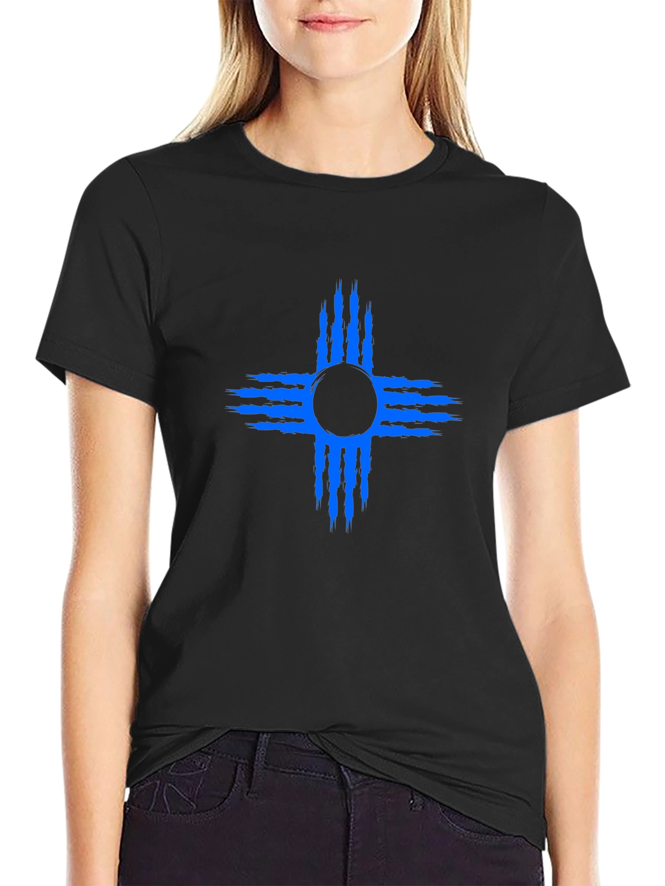 Black T-Shirt with Blue Zia Symbol
