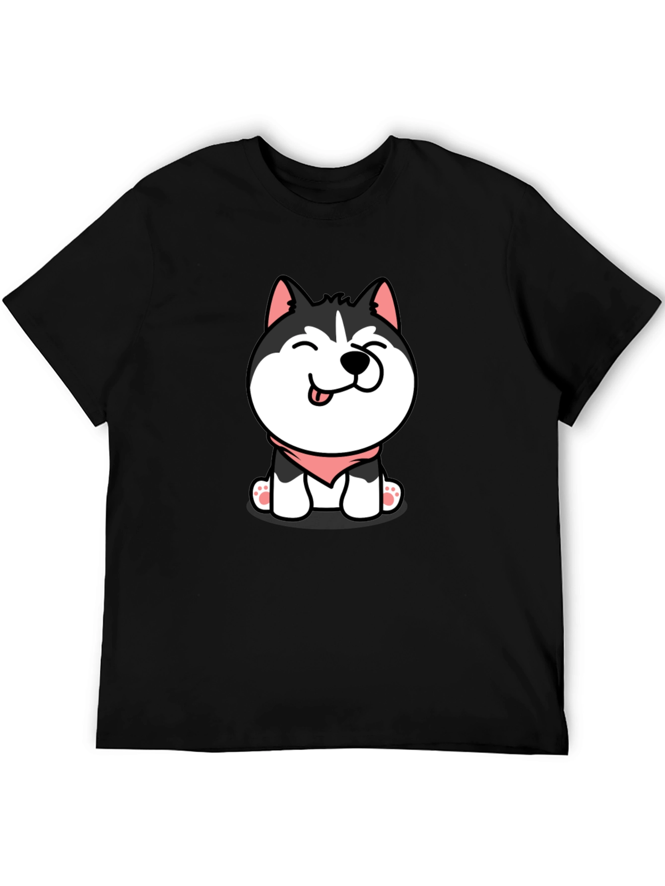 Cute Husky Puppy Graphic Tee - Black Cotton T-Shirt
