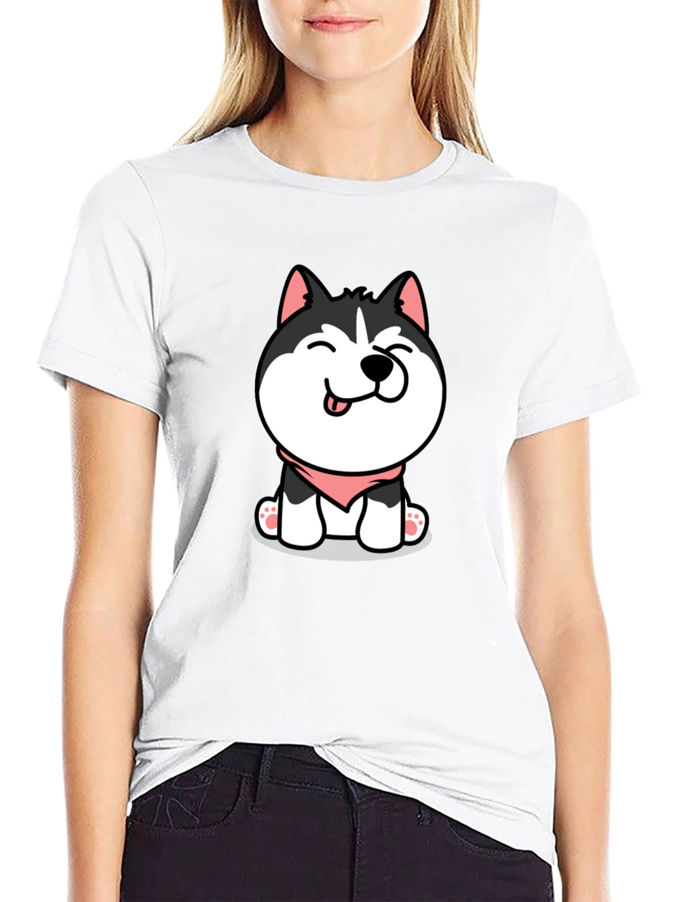 Cute Husky Puppy Graphic Tee - Black Cotton T-Shirt