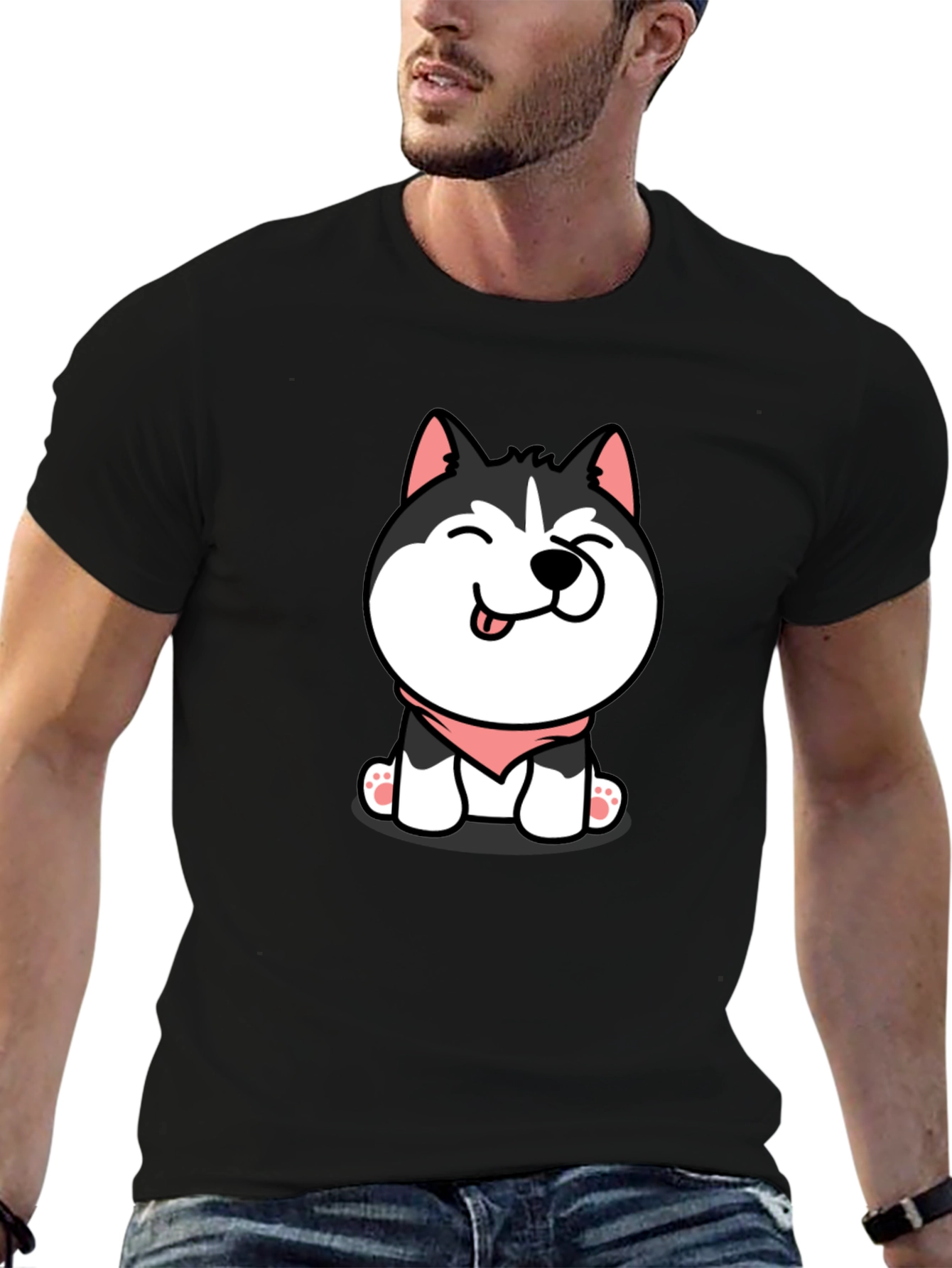 Cute Husky Puppy Graphic Tee - Black Cotton T-Shirt