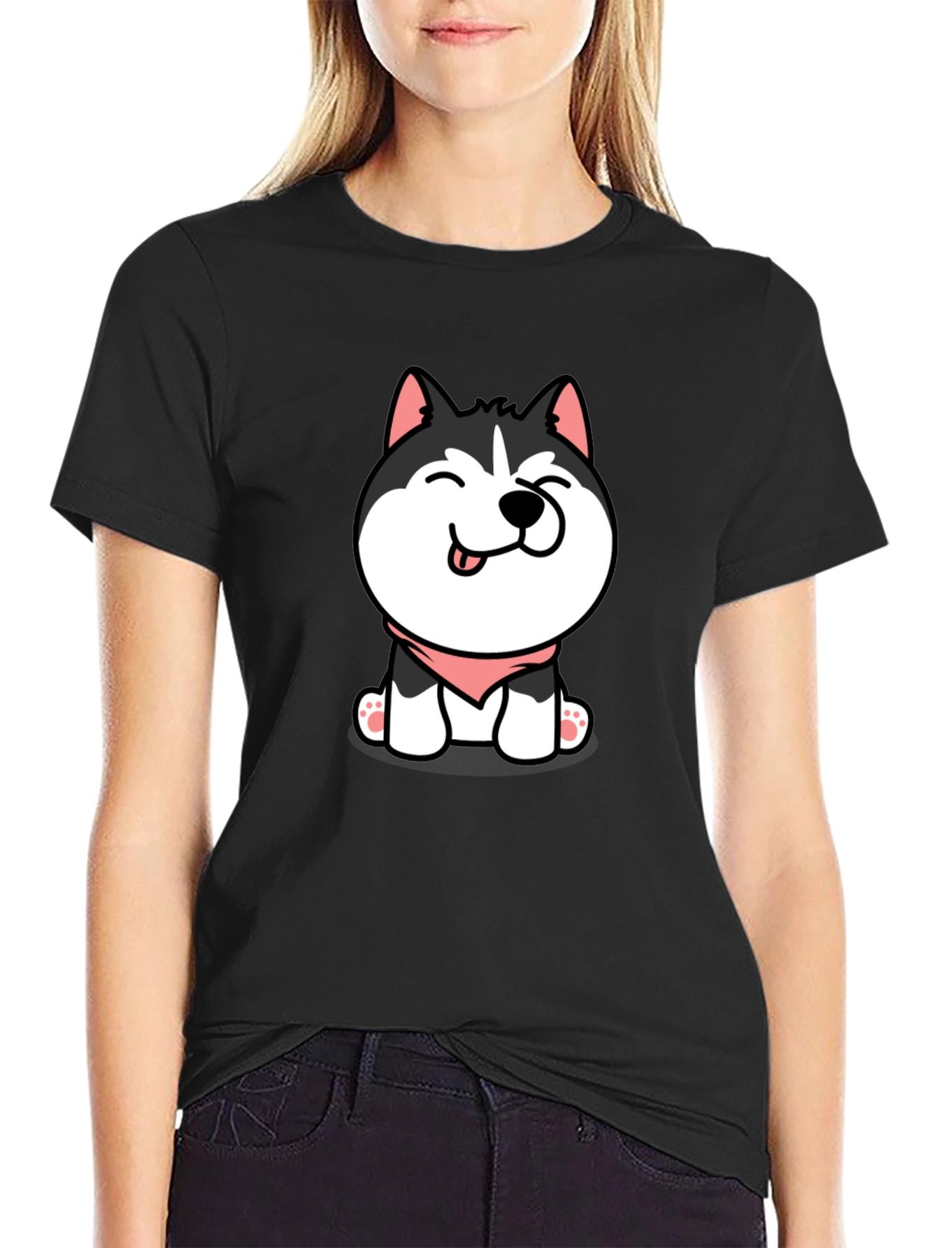 Cute Husky Puppy Graphic Tee - Black Cotton T-Shirt