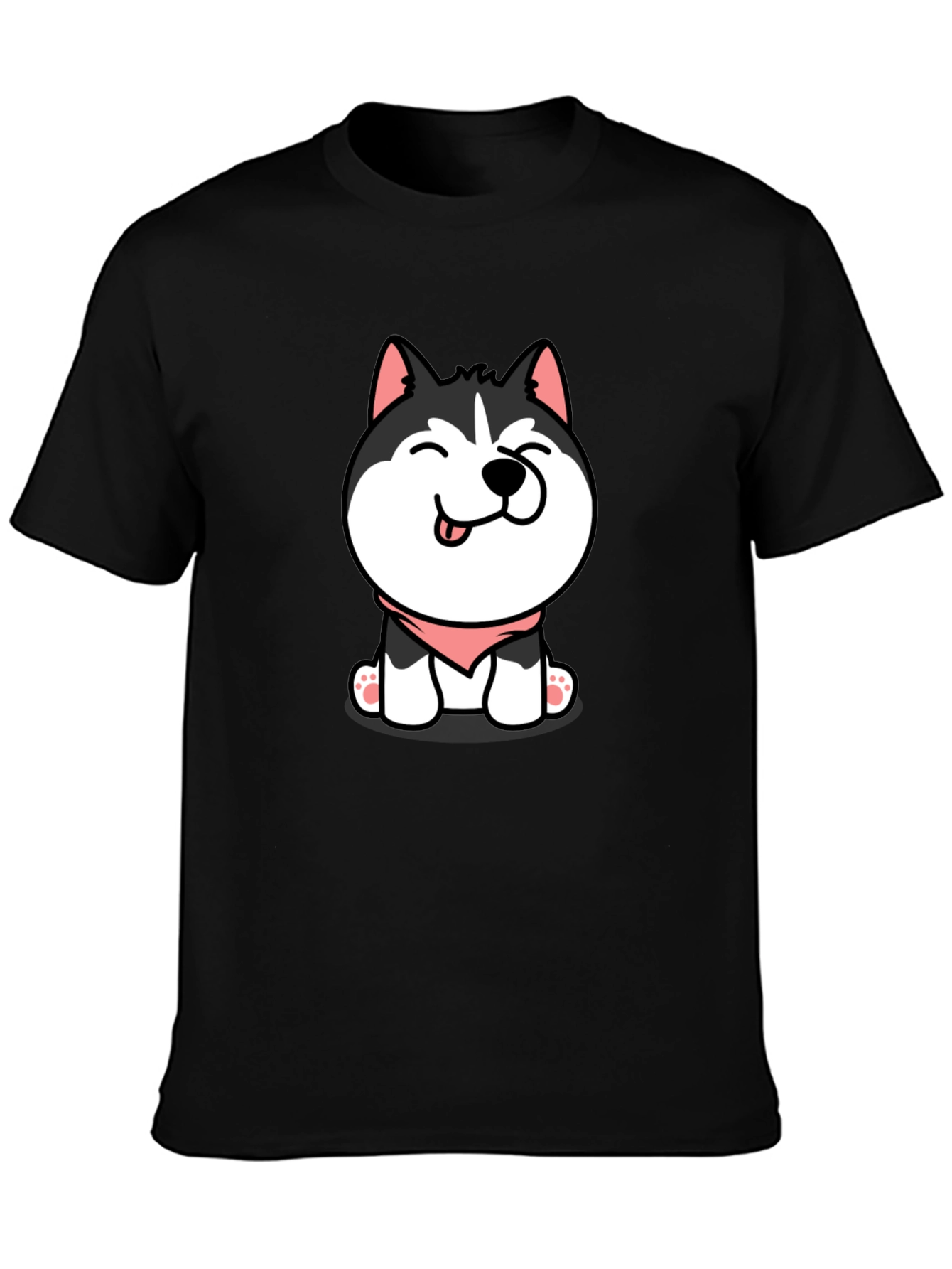 Cute Husky Puppy Graphic Tee - Black Cotton T-Shirt