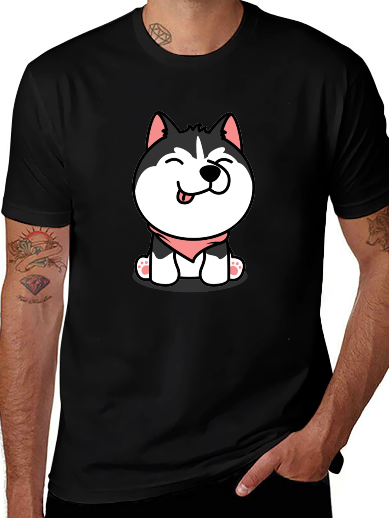 Cute Husky Puppy Graphic Tee - Black Cotton T-Shirt