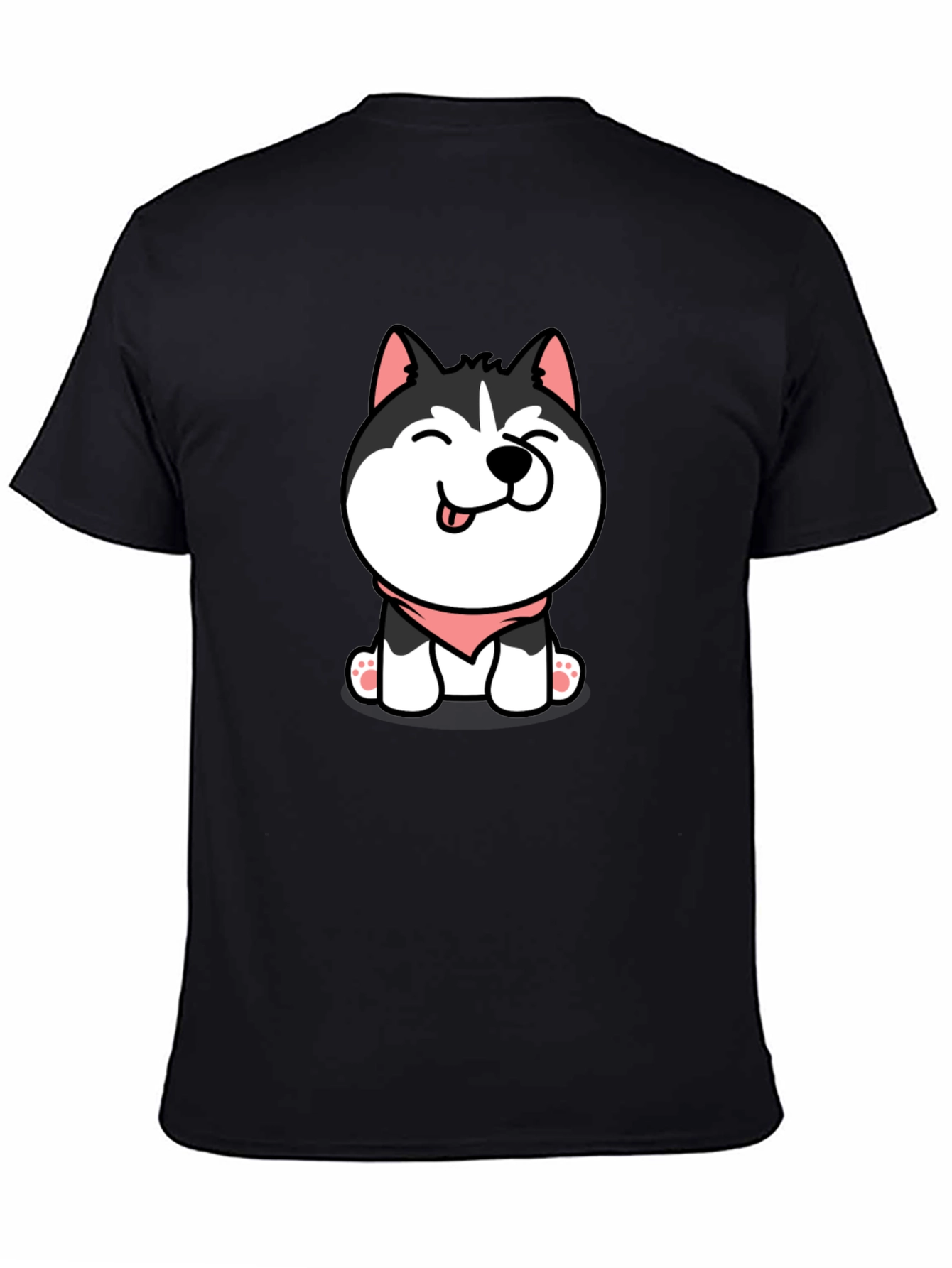 Cute Husky Puppy Graphic Tee - Black Cotton T-Shirt