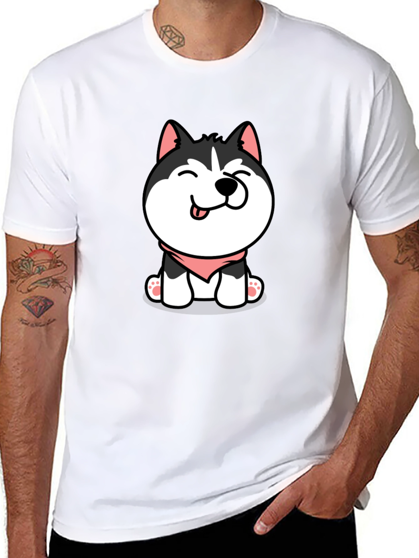 Cute Husky Puppy Graphic Tee - Black Cotton T-Shirt