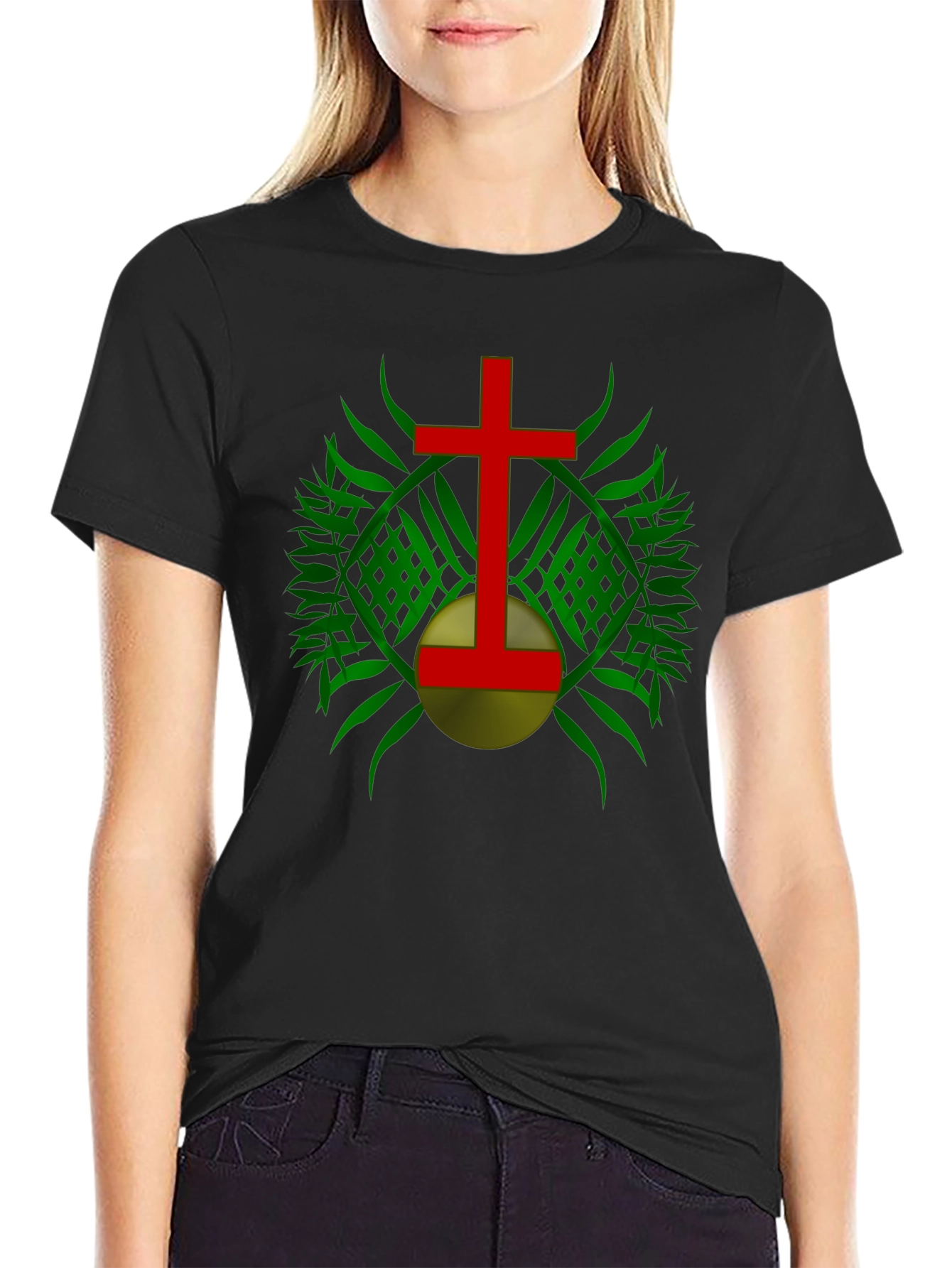 Red Cross & Green Leaf Graphic Print Black T-Shirt