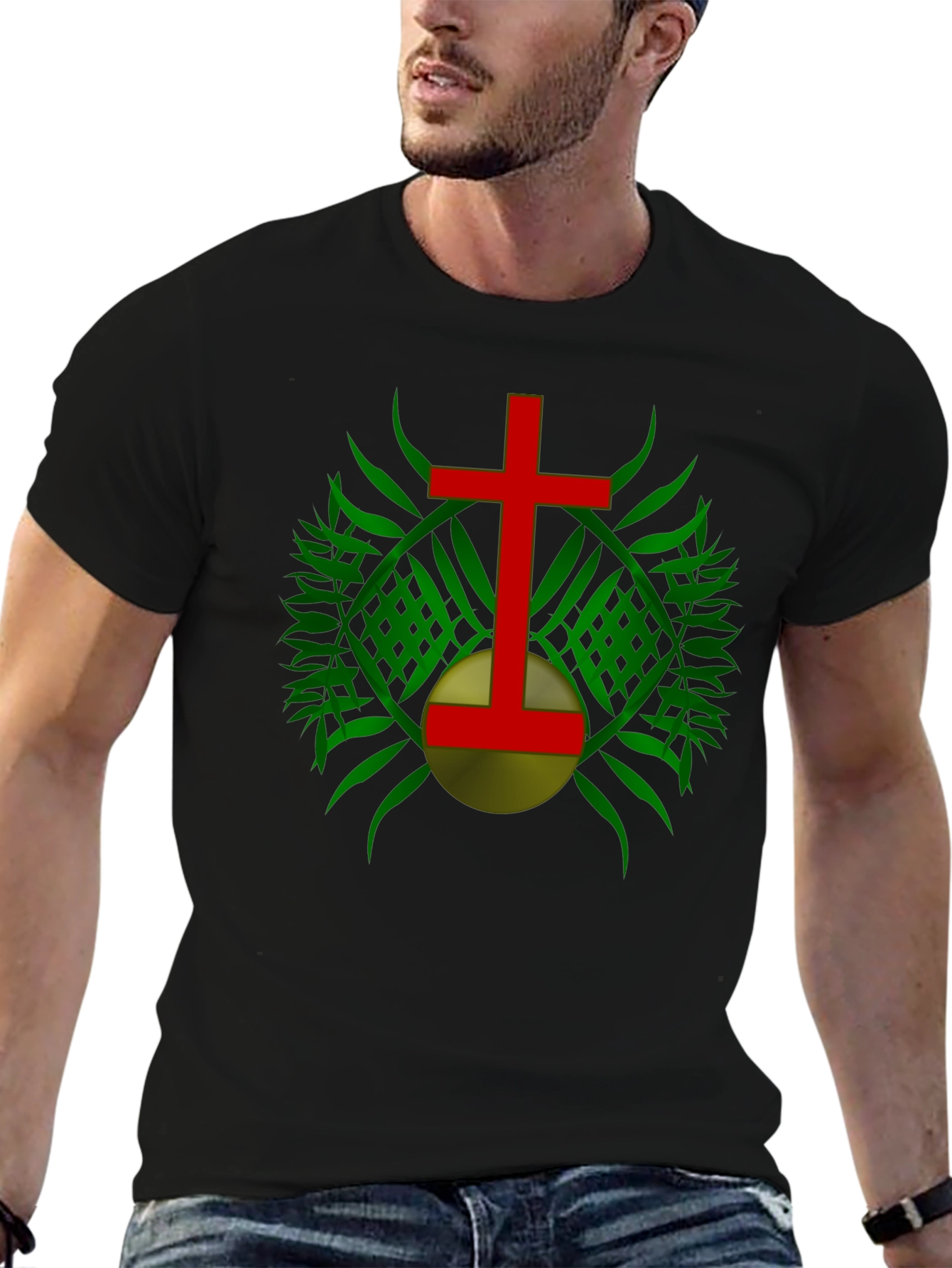Red Cross & Green Leaf Graphic Print Black T-Shirt