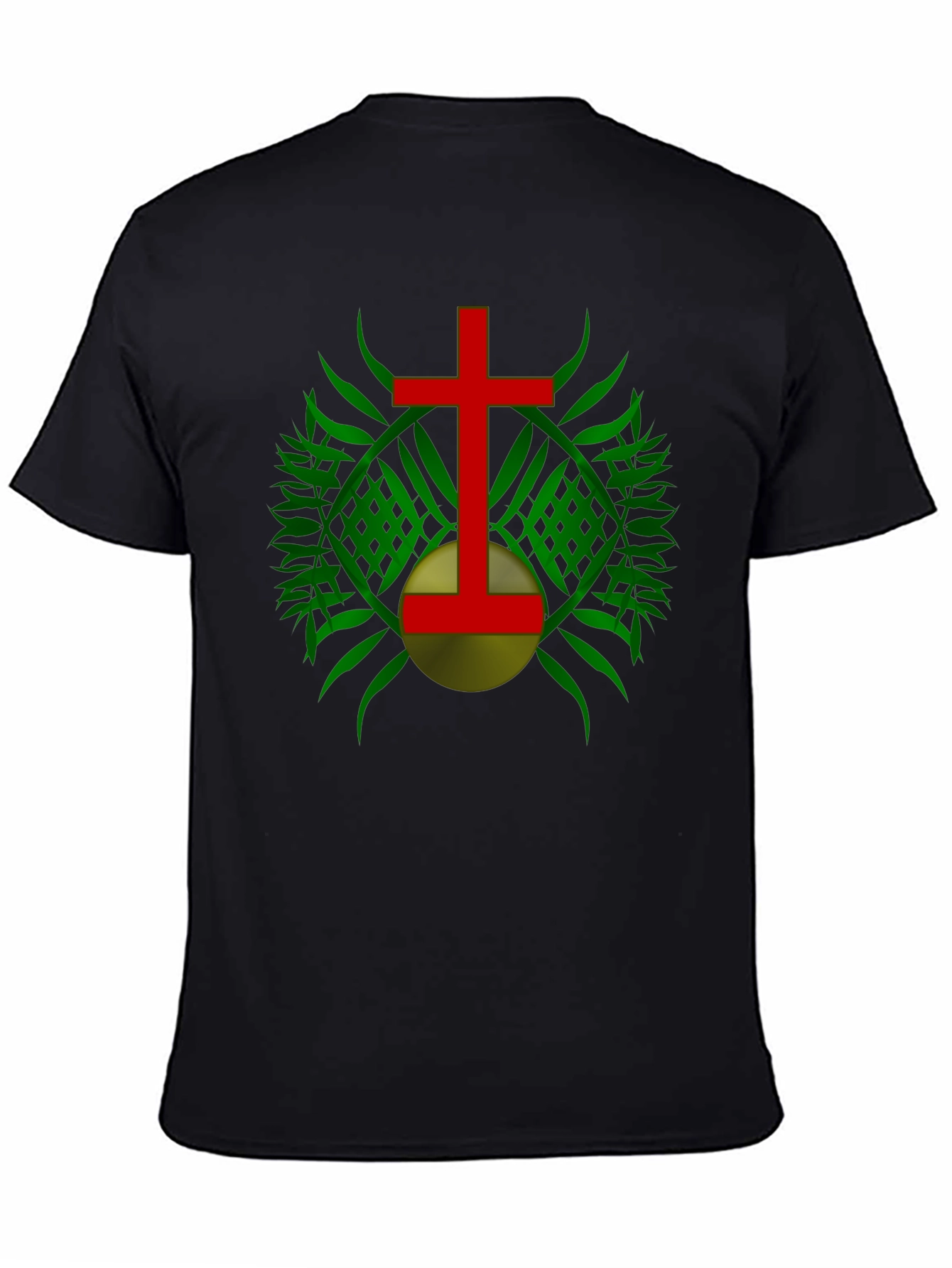 Red Cross & Green Leaf Graphic Print Black T-Shirt
