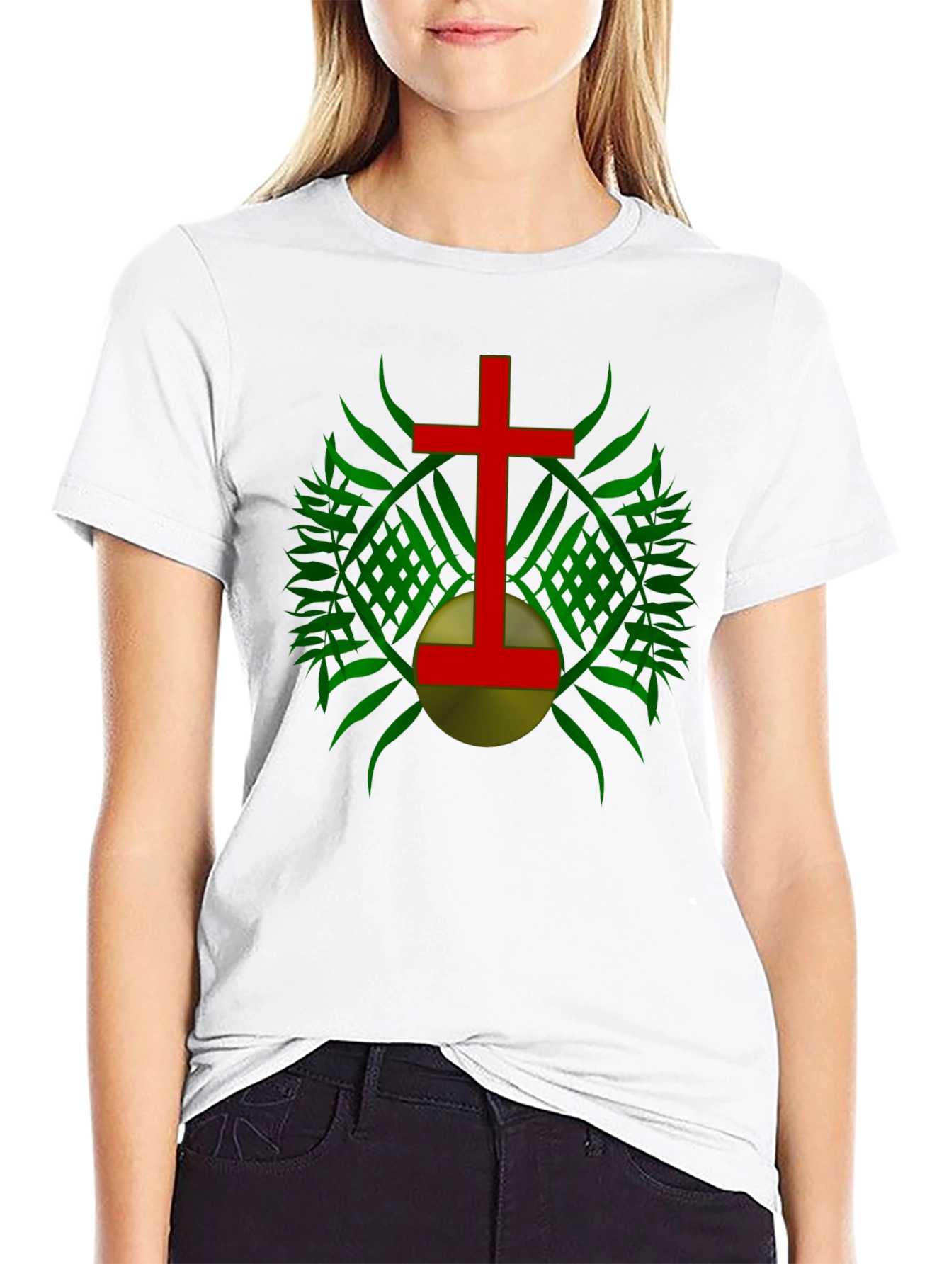 Red Cross & Green Leaf Graphic Print Black T-Shirt
