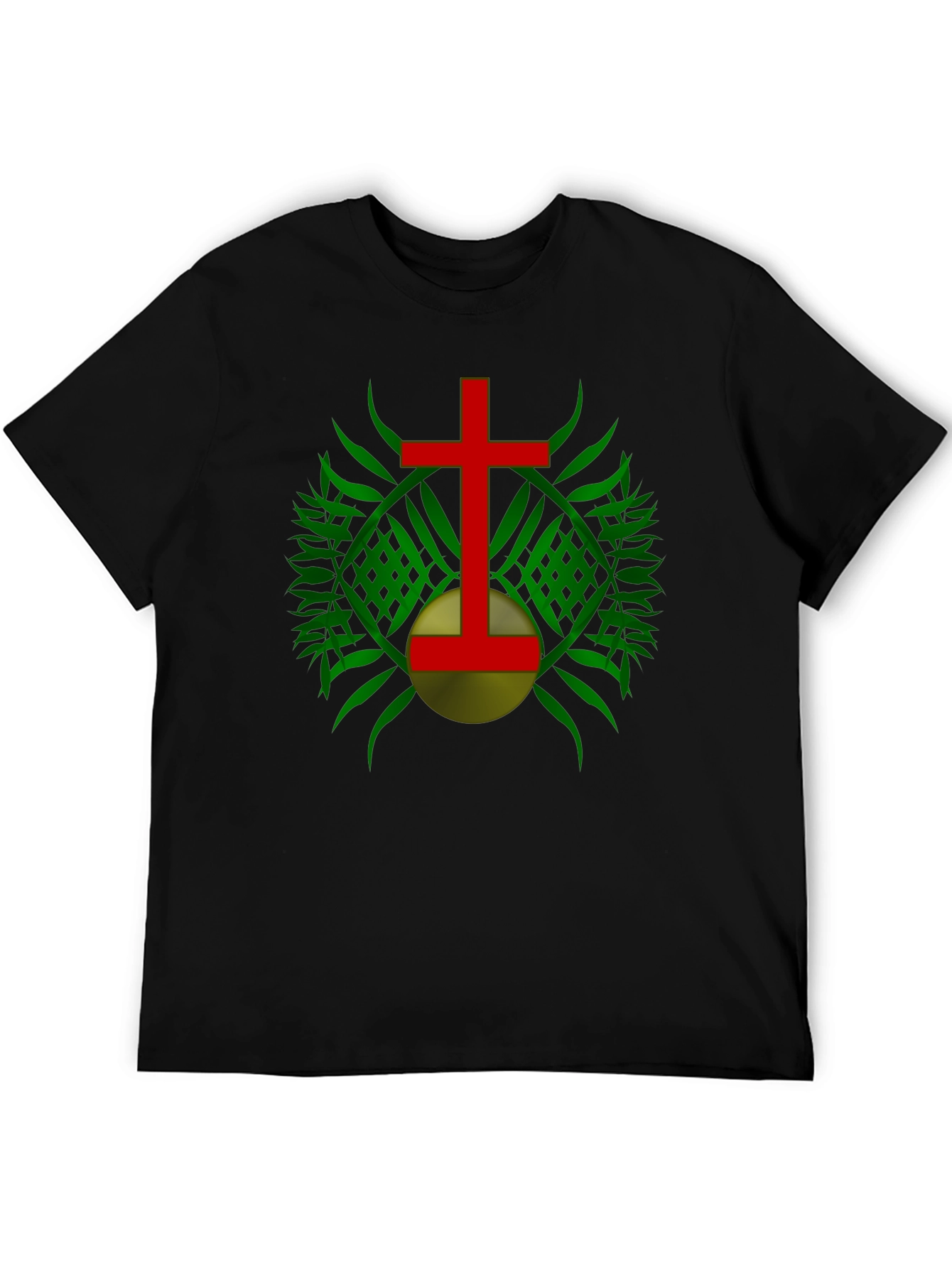 Red Cross & Green Leaf Graphic Print Black T-Shirt
